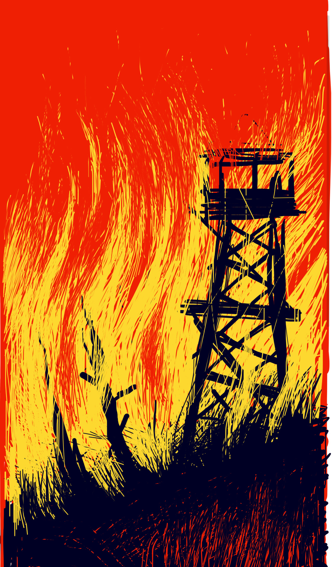 A burning firetower surrounded by an inferno