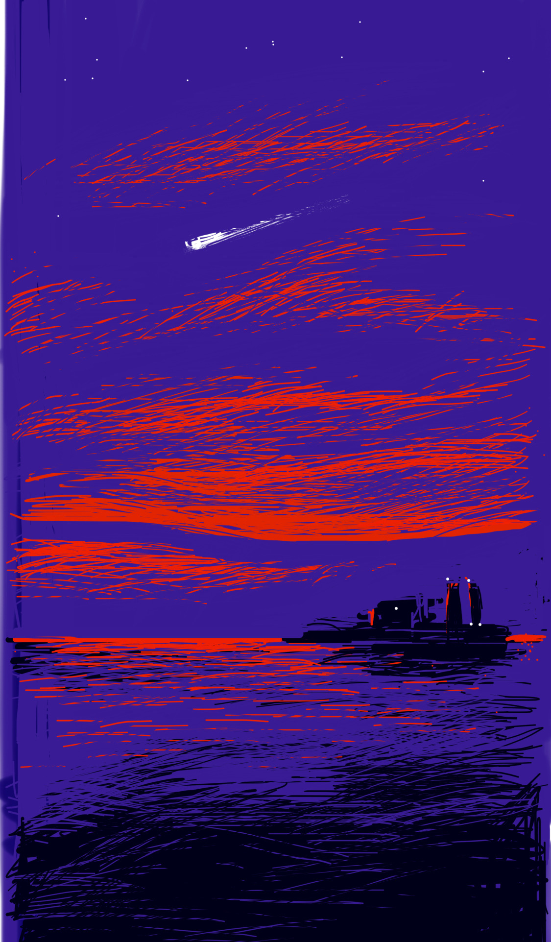 A view over the ocean at night, with a ship on the water and a comet in the sky