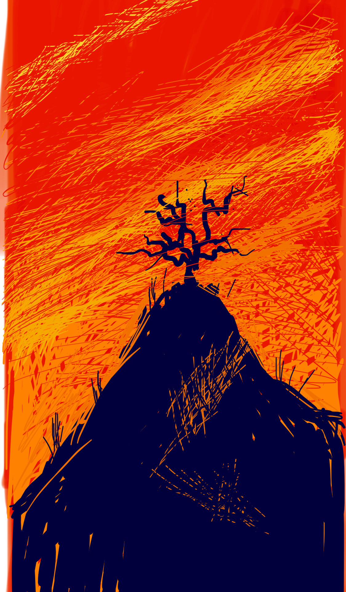 A lone Joshua tree stands on top of a sharp mountain peak, the sky burning