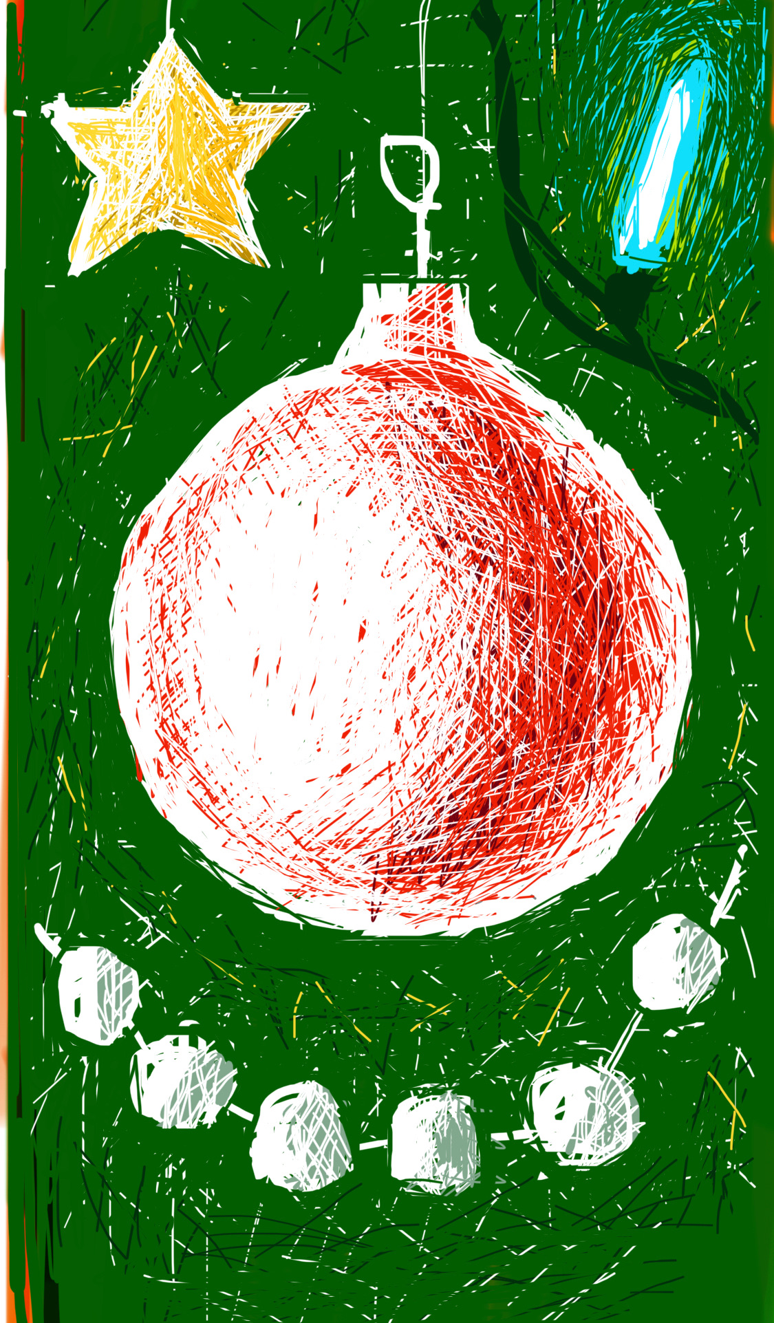Christmas ornaments on a tree: a ball, beads, a star, and a bulb
