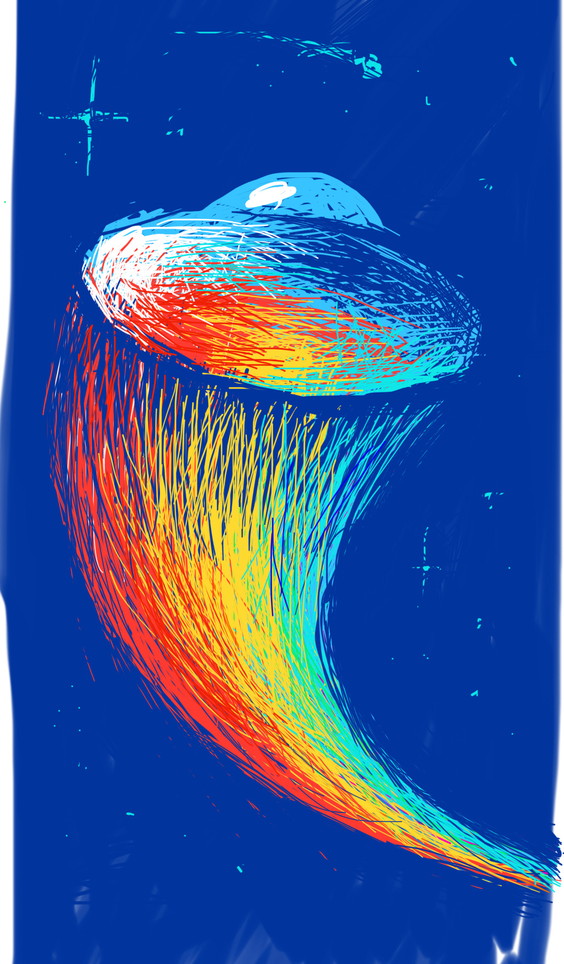 A UFO in space with rainbow colors streaming behind it