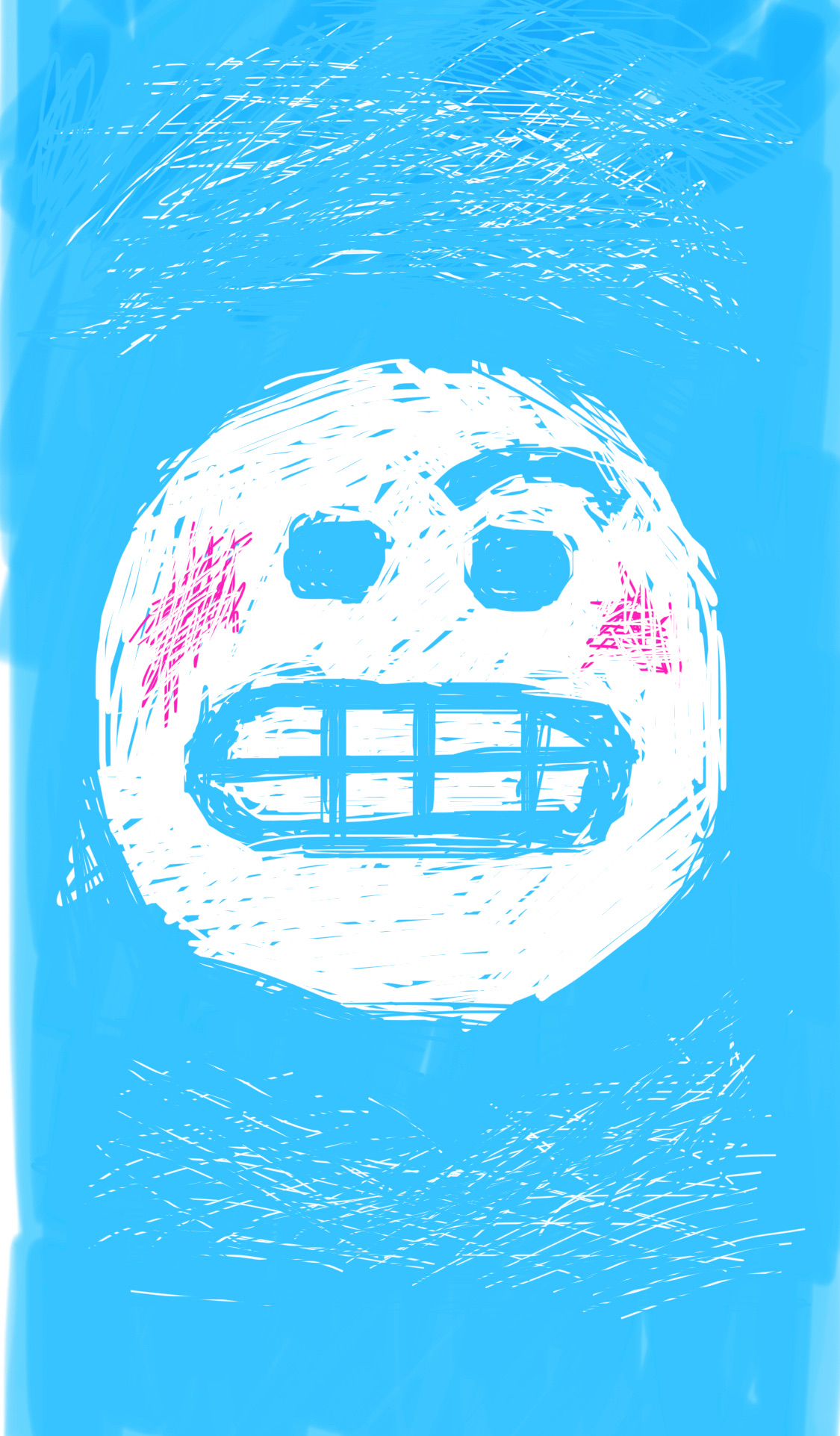 An emoji-like face raising an eyebrow on a blue background