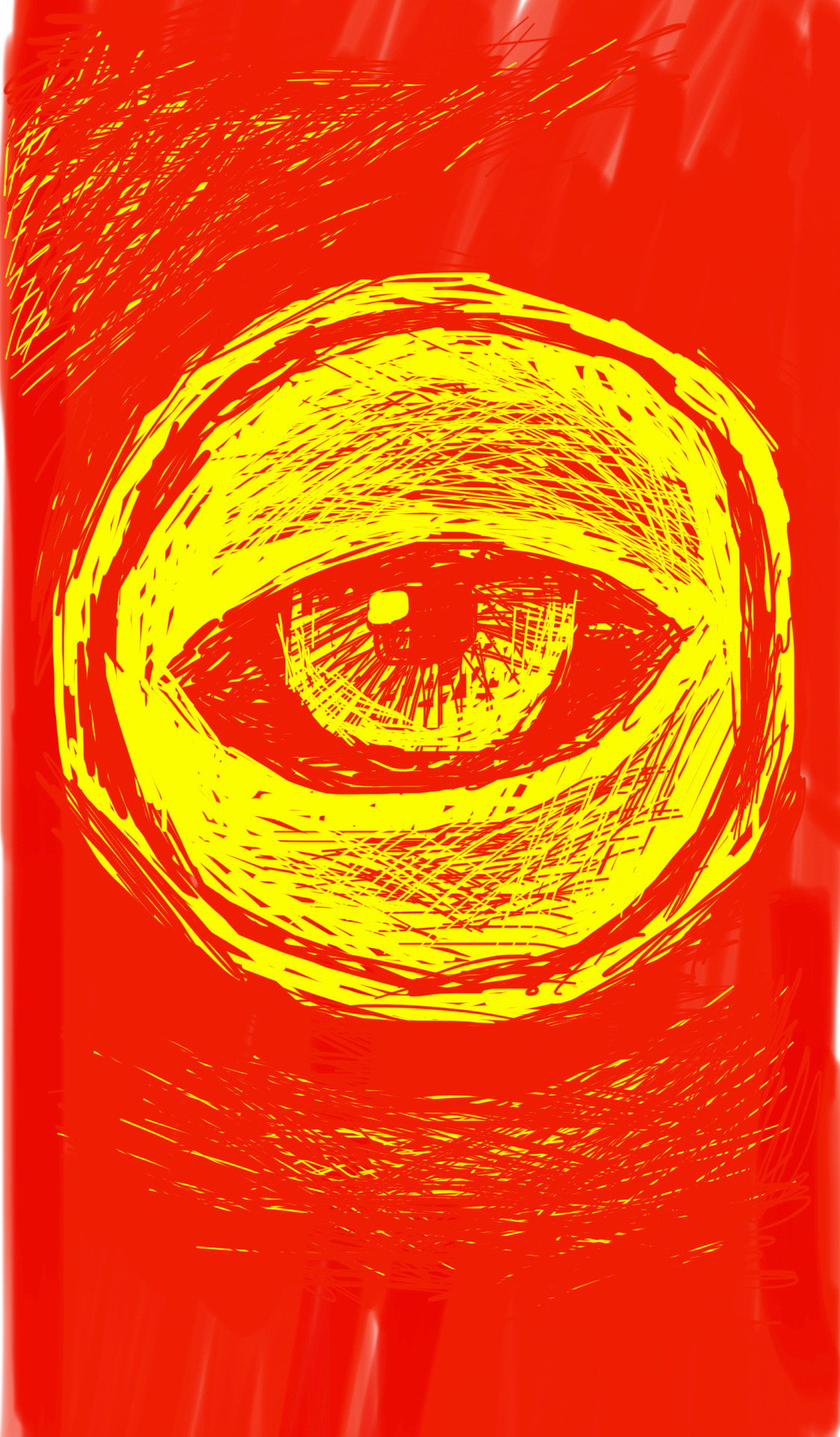 A yellow circle with a red eye inside it, on a red background
