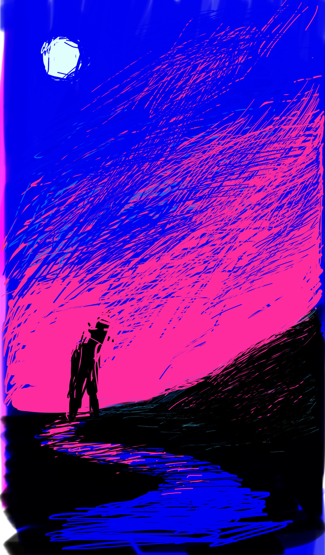 A lone figure walks along a trail at sundown, the moon high in the sky, the horizon glowing crimson