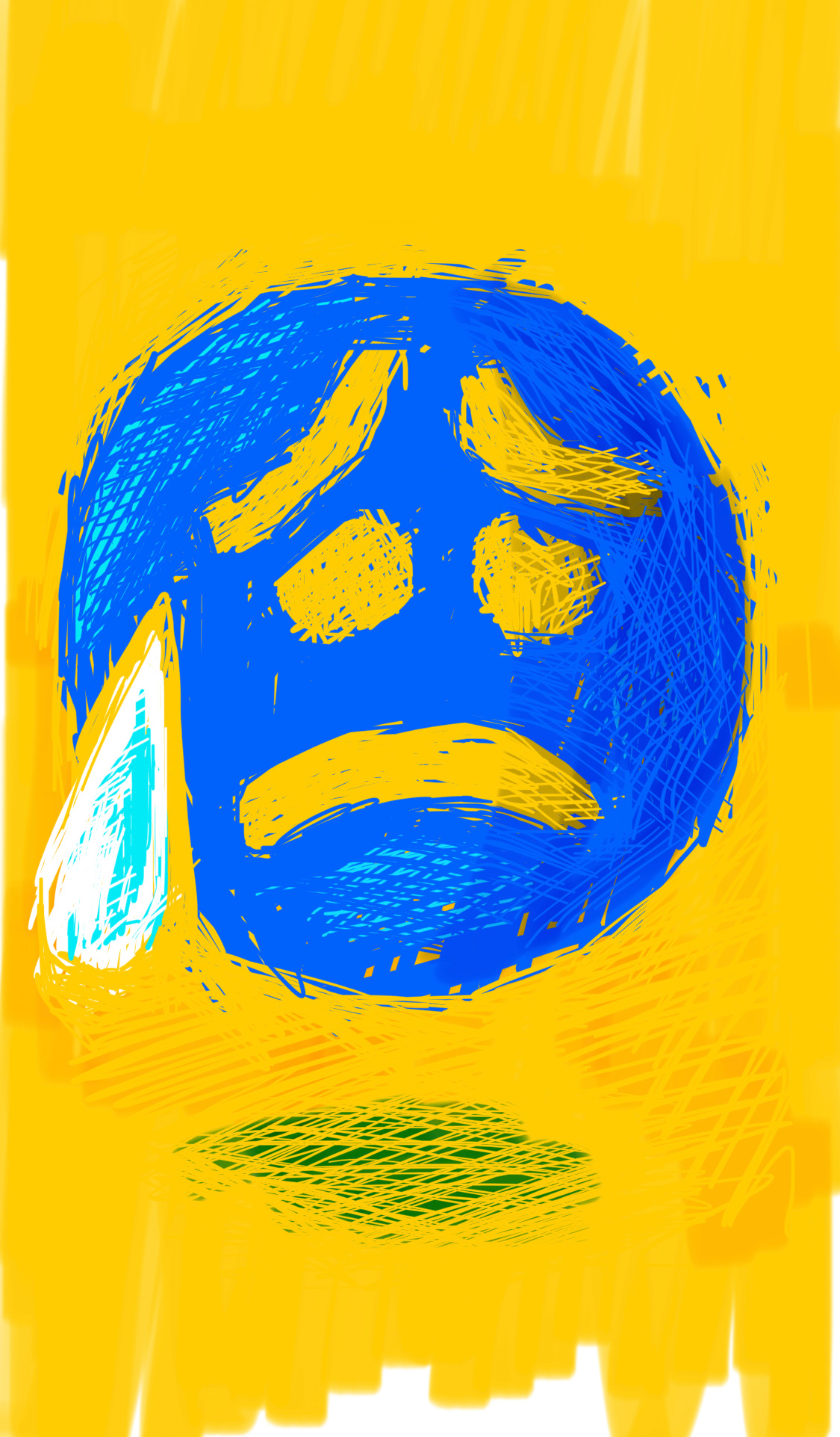 A nervous blue sweating emoji face on a yellow background