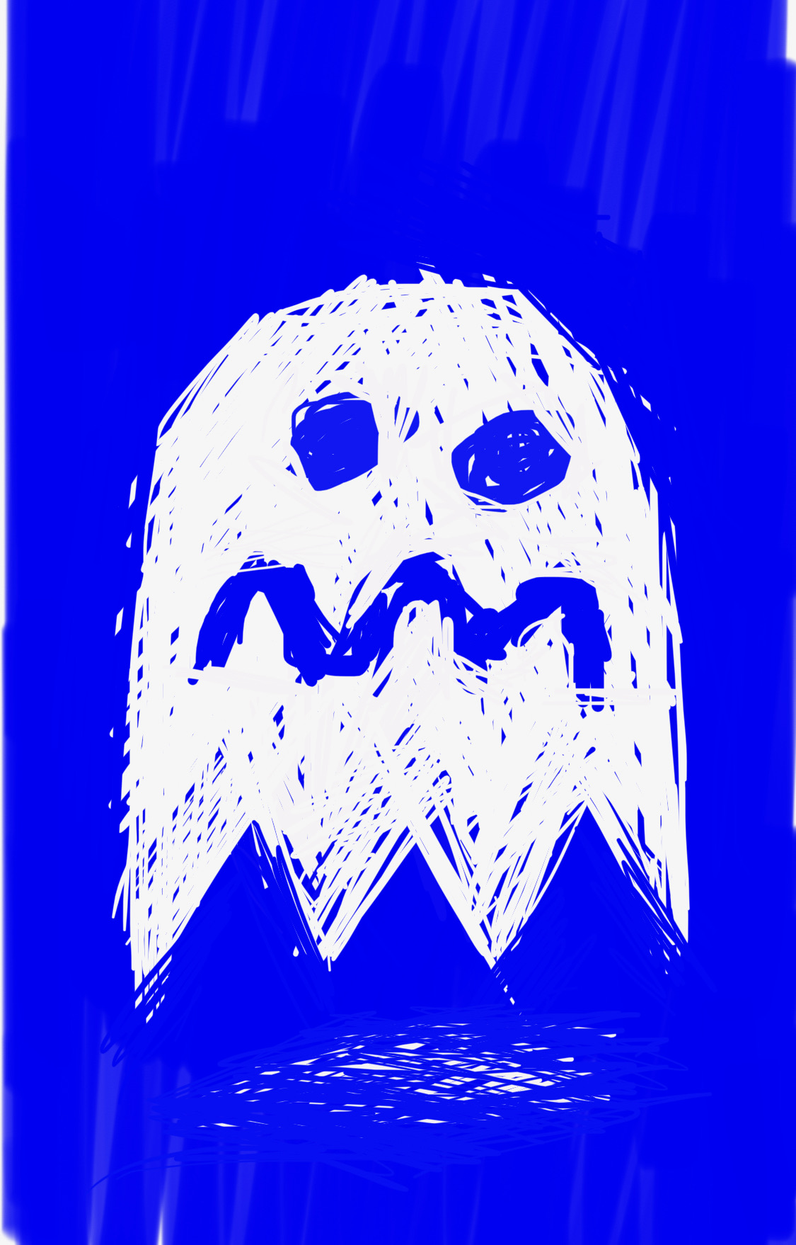 A frowning Pac-Man ghost, white on a blue background the way it was in the game