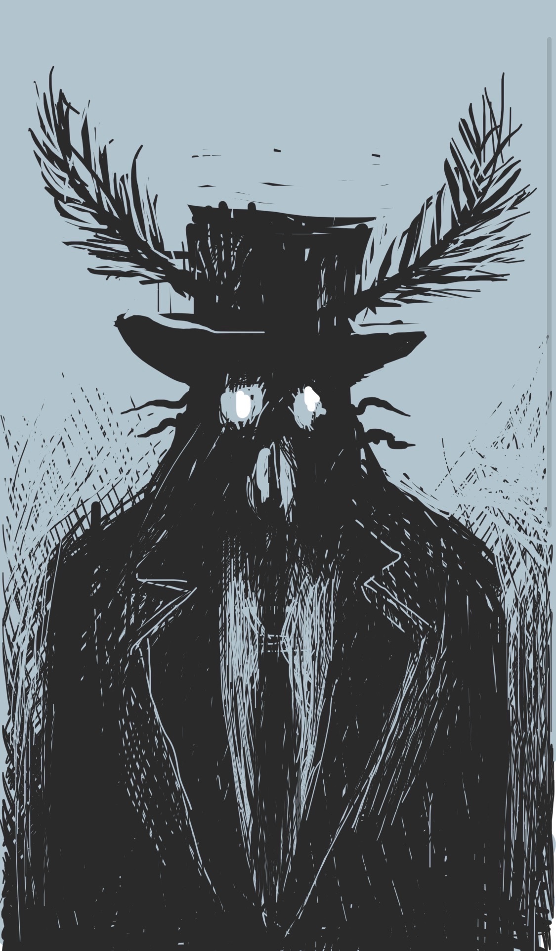 A suited figure with the face and antennae of a moth, as well as—absurdly—a top hat