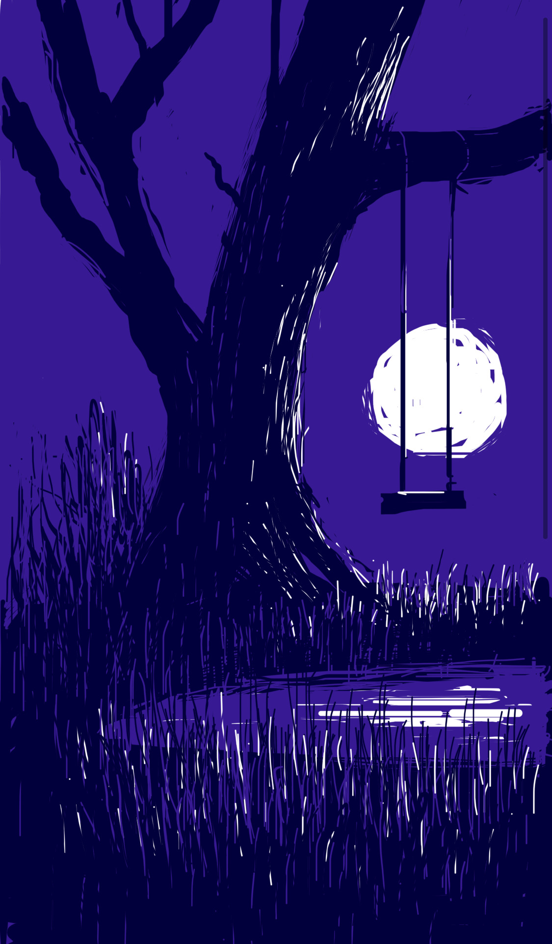 A swing hangs from a tree at night, a small pond nearby. The full moon reflects eerily in the pond.