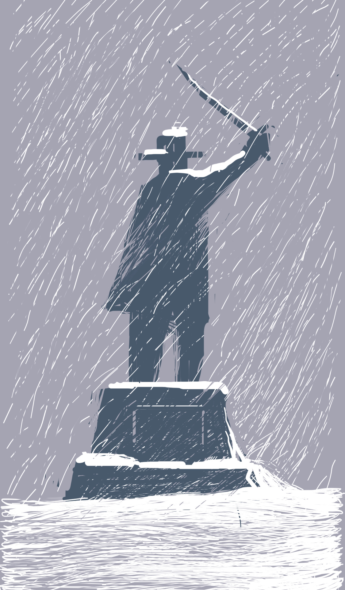 A statue holding up a sword stands in the middle of a blizzard