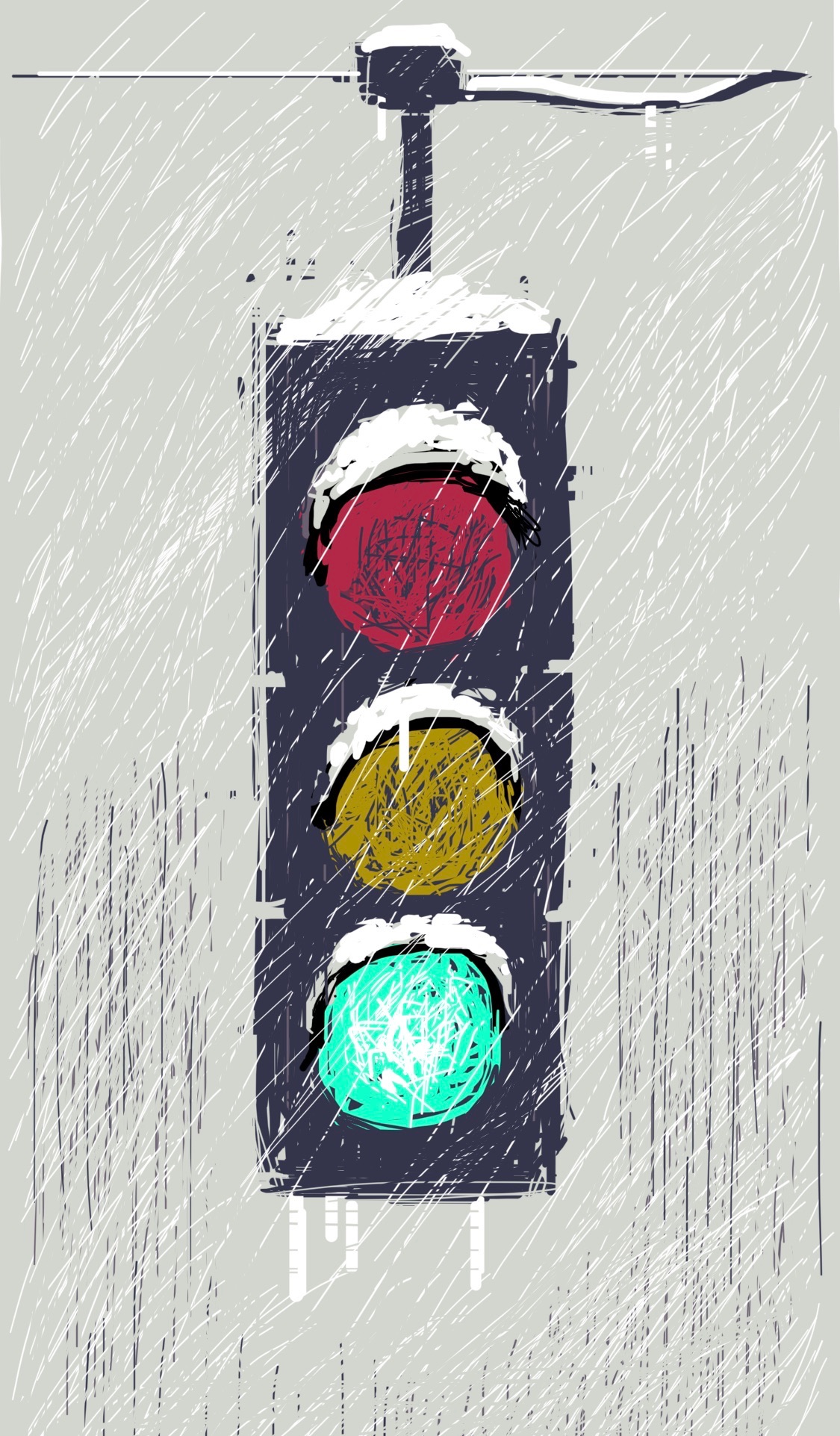 A traffic light in a sleetstorm, covered with snow