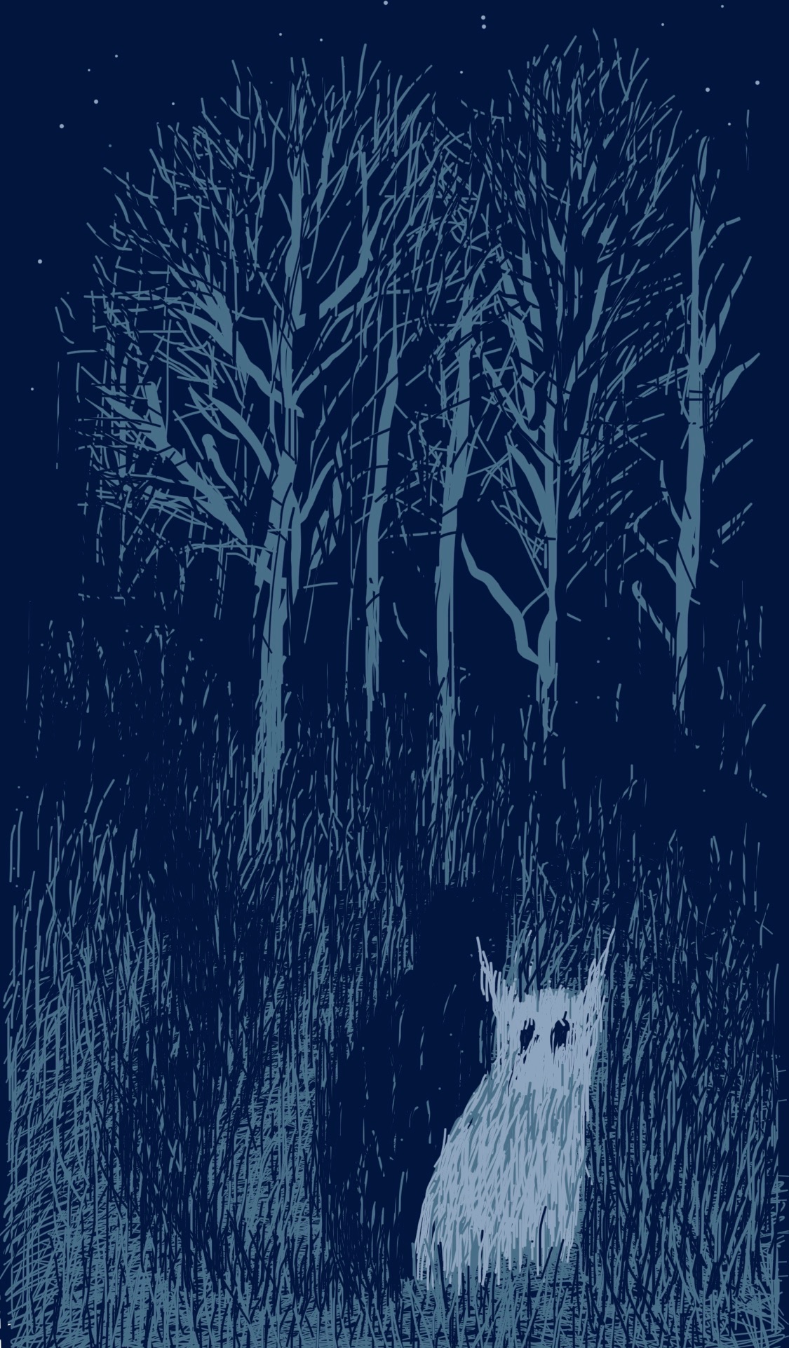 A strange creature in a forest at night, caught in a flashlight beam