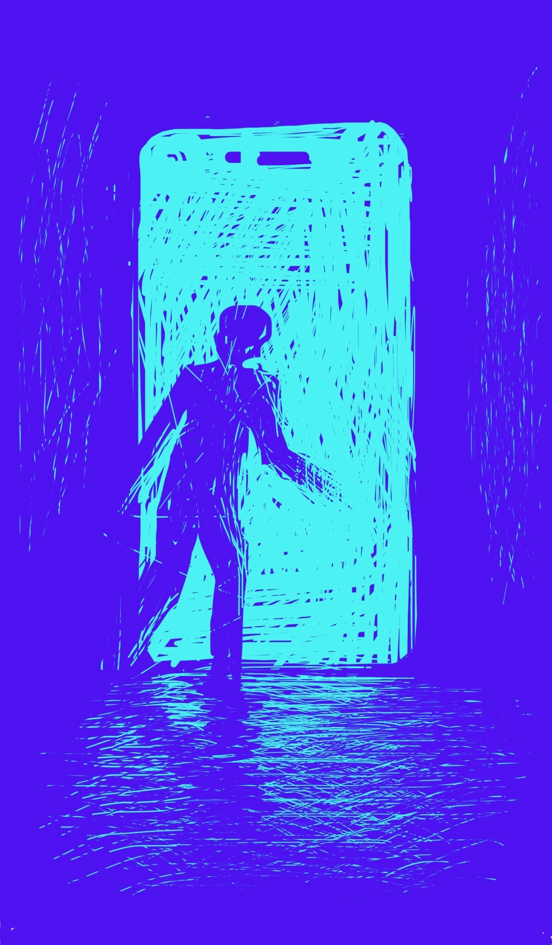 A person stands silhouetted against a ginat glowing phone screen