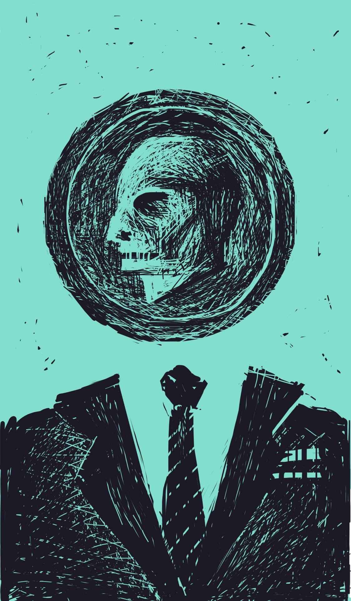 A figure wearing a suit, the head is a coin with a skeletal face in profile