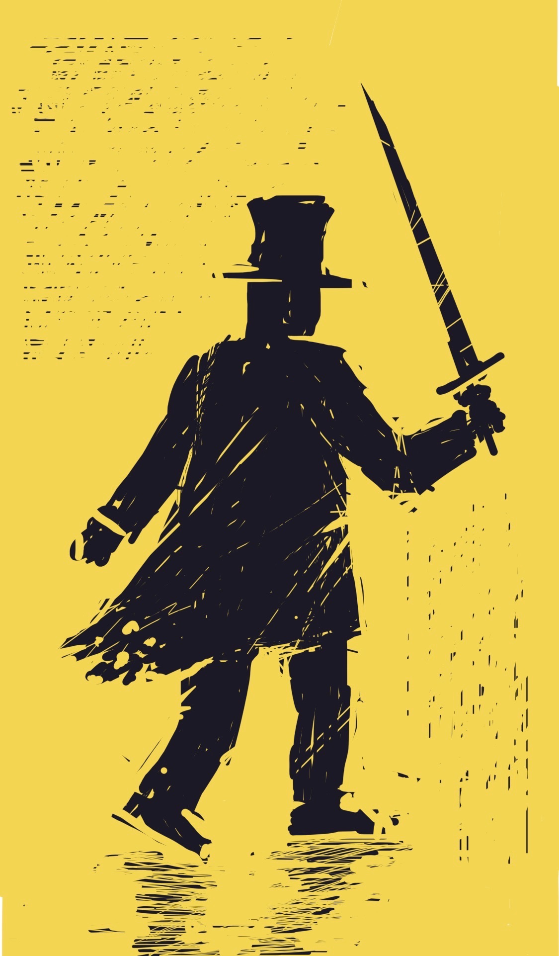 A man with a tattered coat, a top hat, and a drawn sword