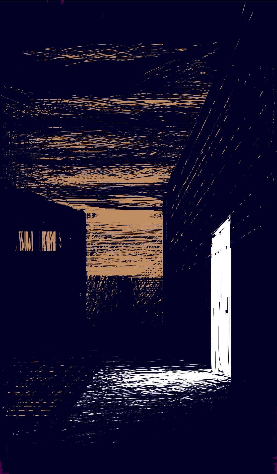 A darkened street scene, with white light pouring out of one door