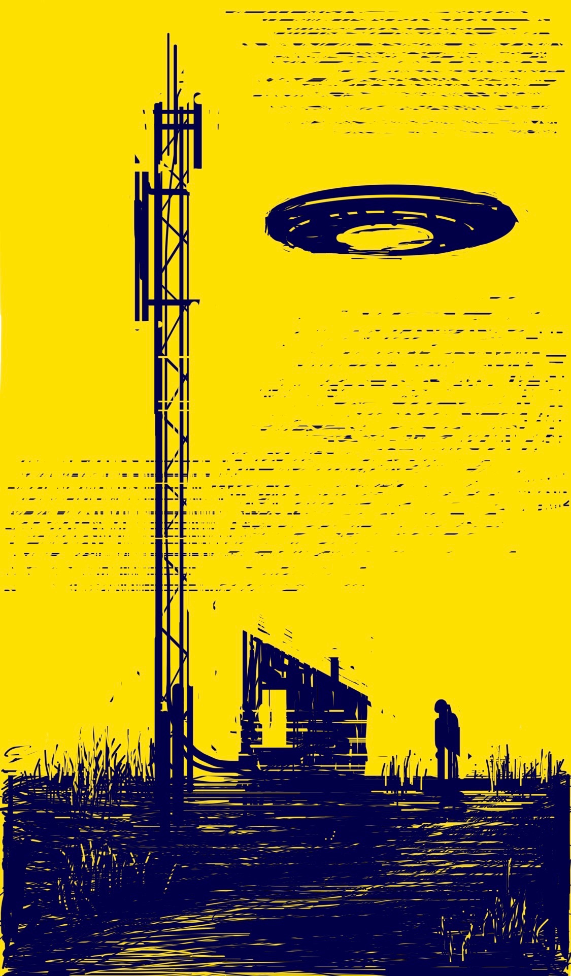 A UFO hovers over a lone radio tower