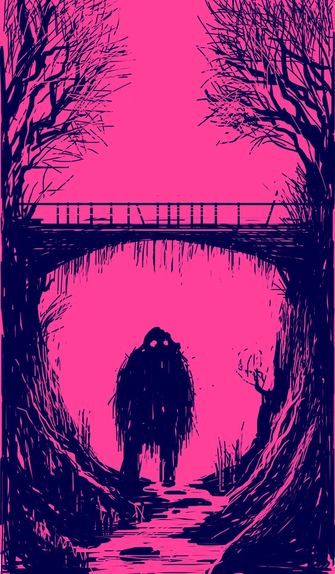 A troll stands under a bridge in the woods