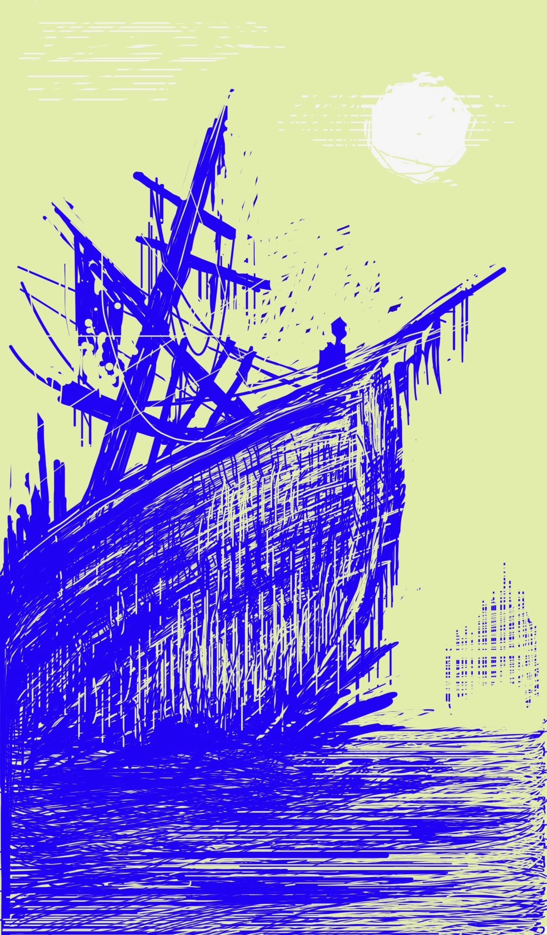A shipwreck with a single person standing in the bow