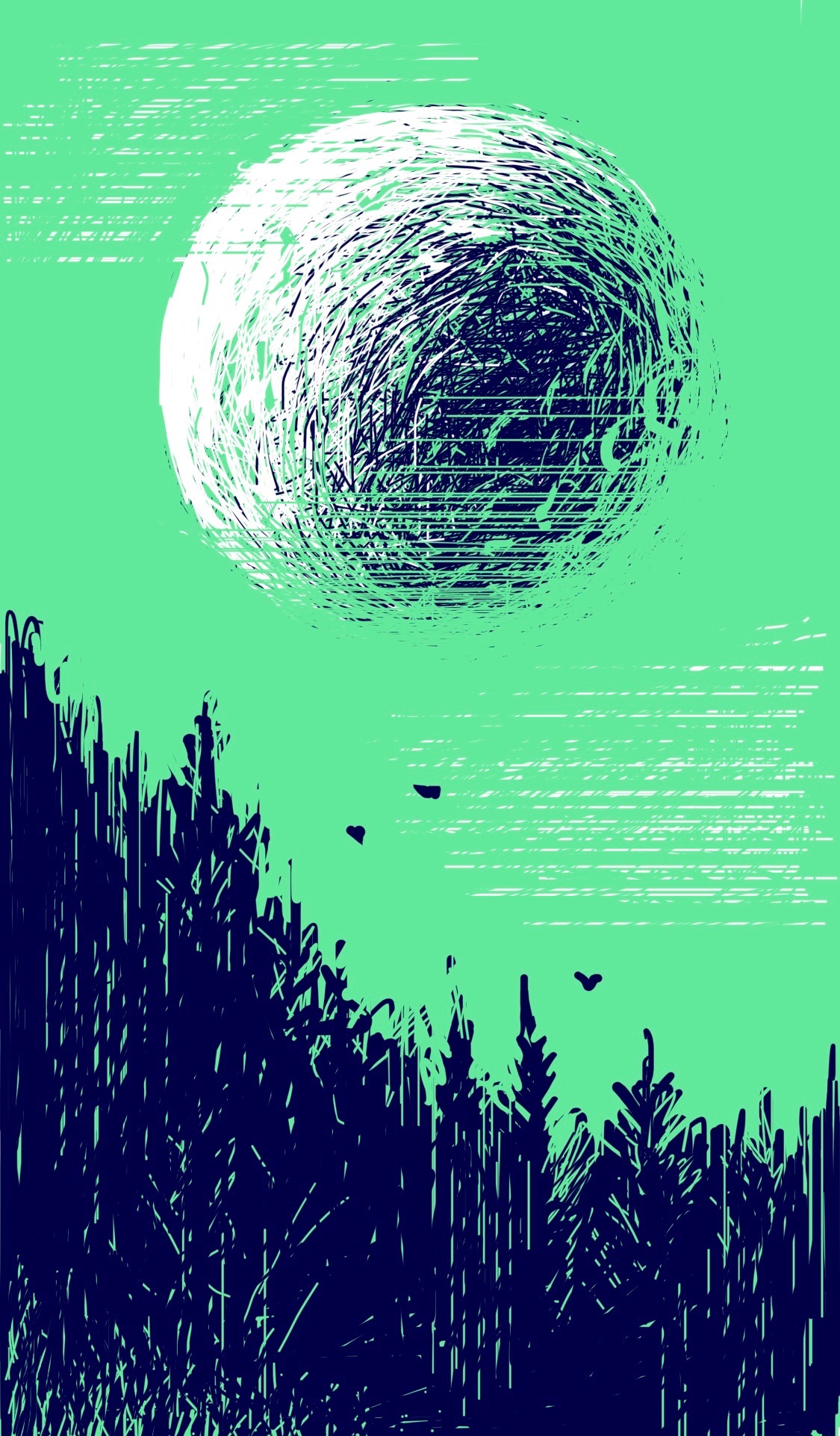 A huge moonlike planet hangs in the sky over a forest