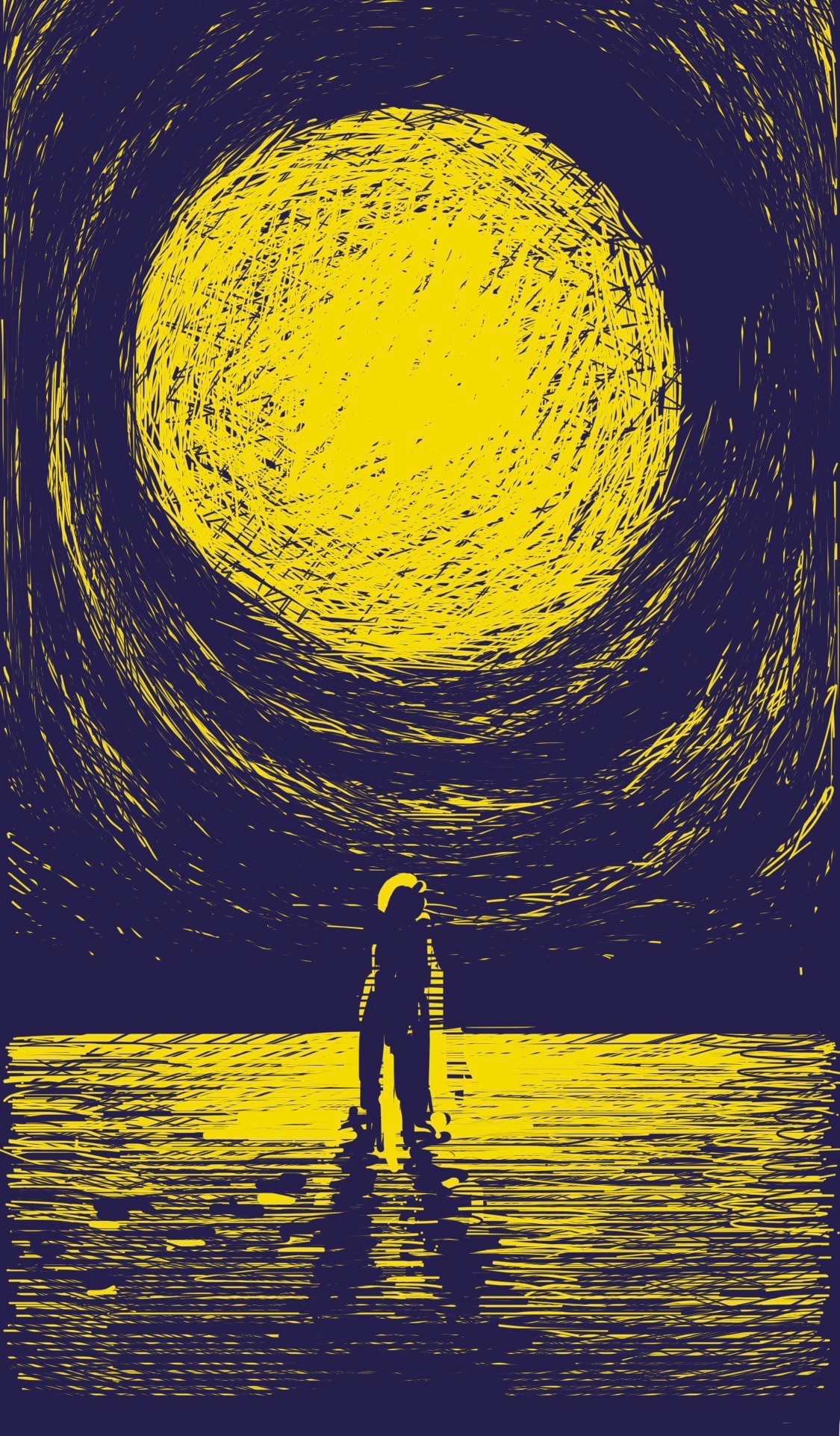 A lone figure stands on a remote plain, staring at a huge glowing moon