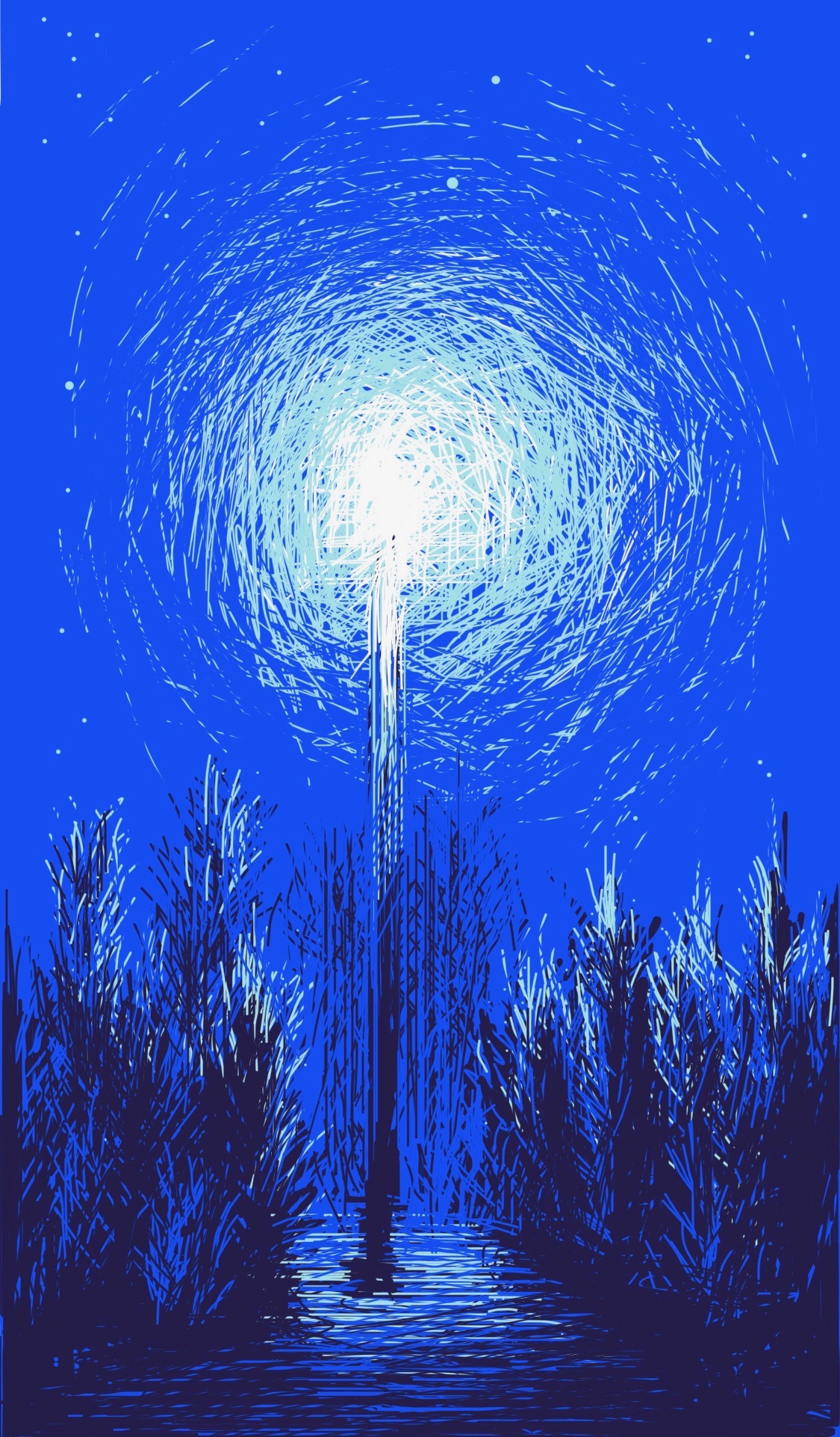 A very tall lamp stands in a wintry forest at night, surrounded by trees