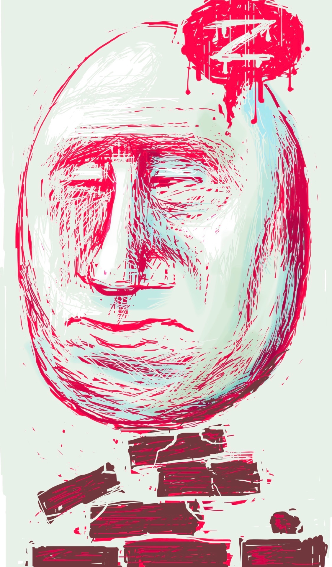 A sketch of Vladimir Putin as Humpty Dumpty, asleep and perched on a pile of crumbling bricks