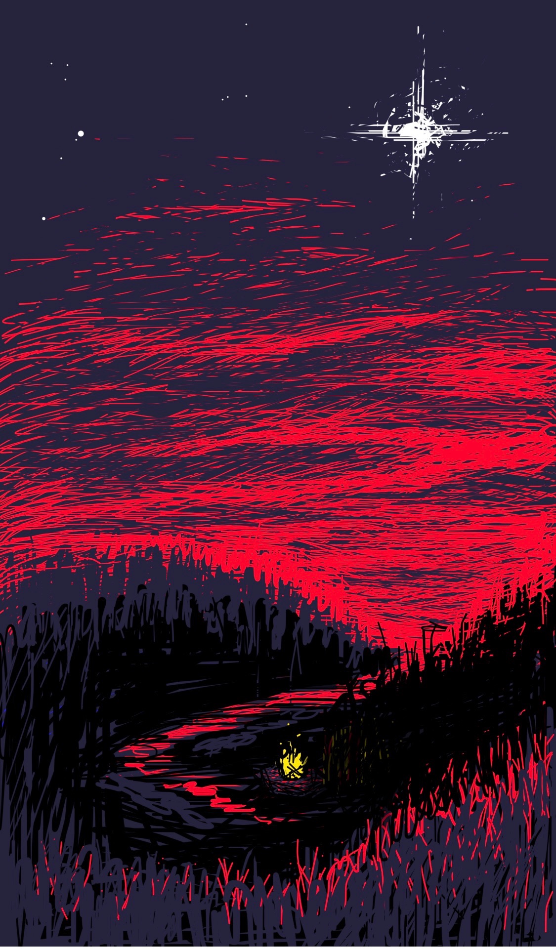 A wooded valley at sunset, with a glowing bright star