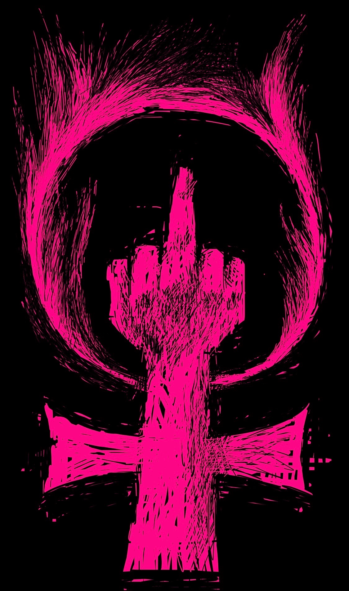 A crimson hand giving the middle finger, surrounded by a flaming ring. The two combine to form the "woman" symbol.