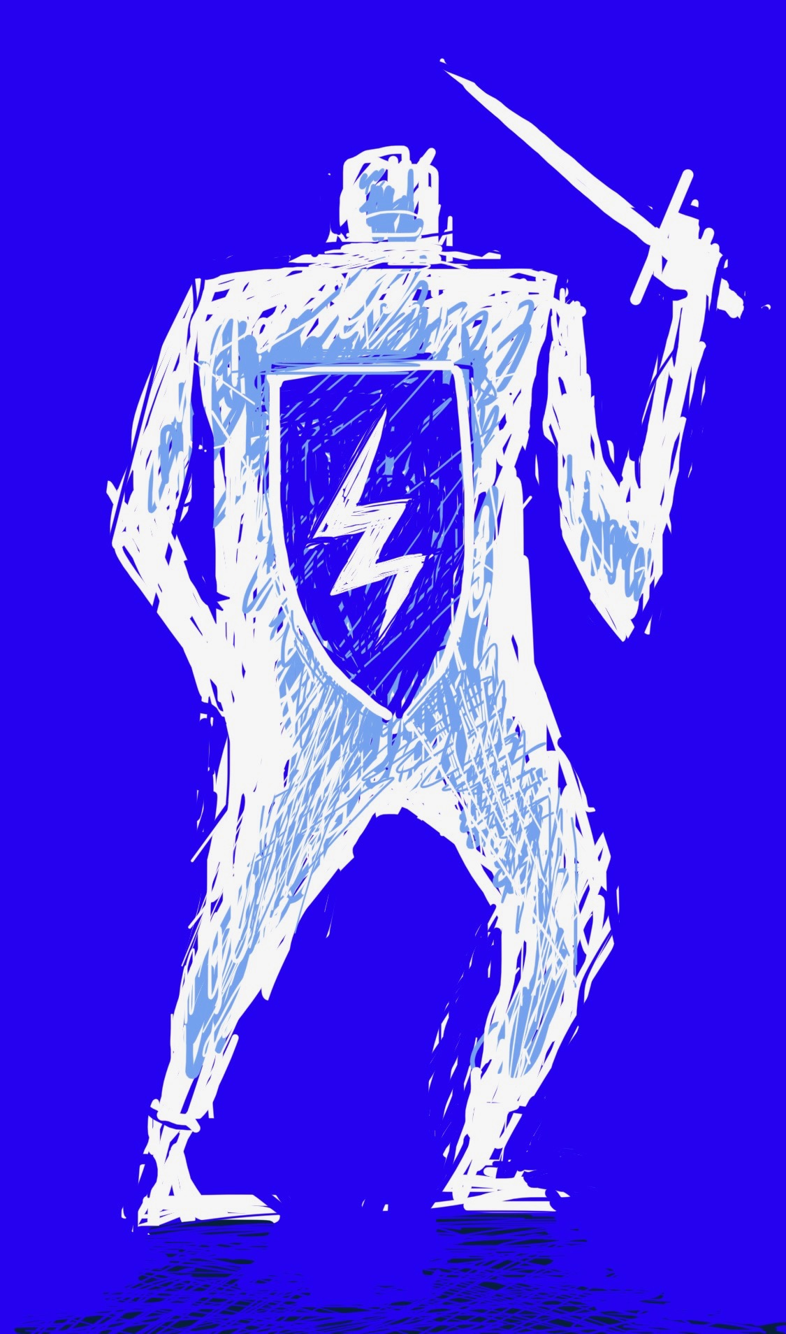 A person holding a sword. On the back of the person's shirt is a shield with a lightning bolt in it.