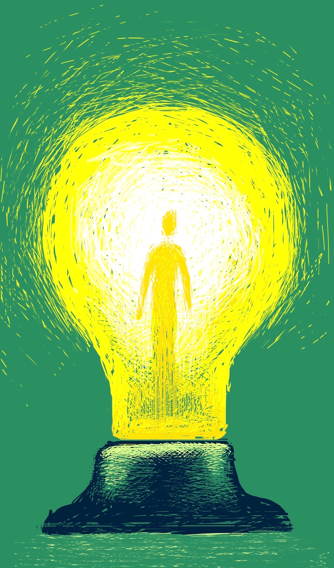 A glowing lightbulb with a person where the filament would be