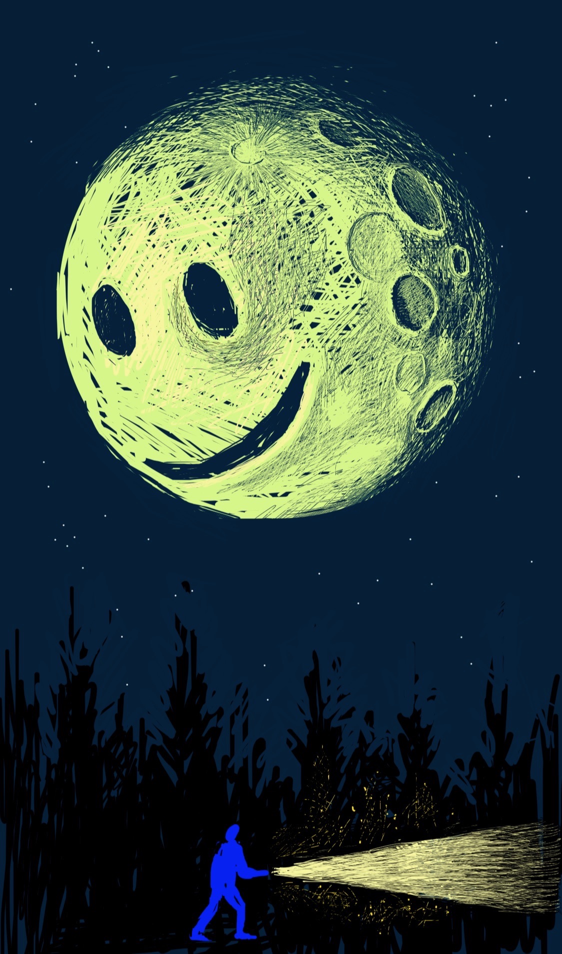 A giant moon with a smiley face hangs over a forest at night. A small figure with a flashlight casts a beam.
