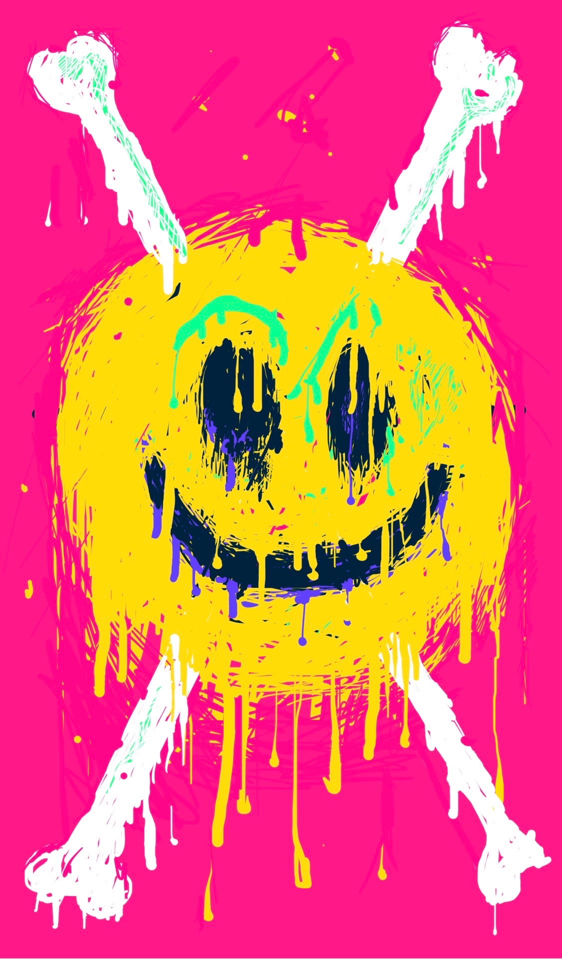 A drippy painting of a smiley face with crossbones, like a pirate symbol