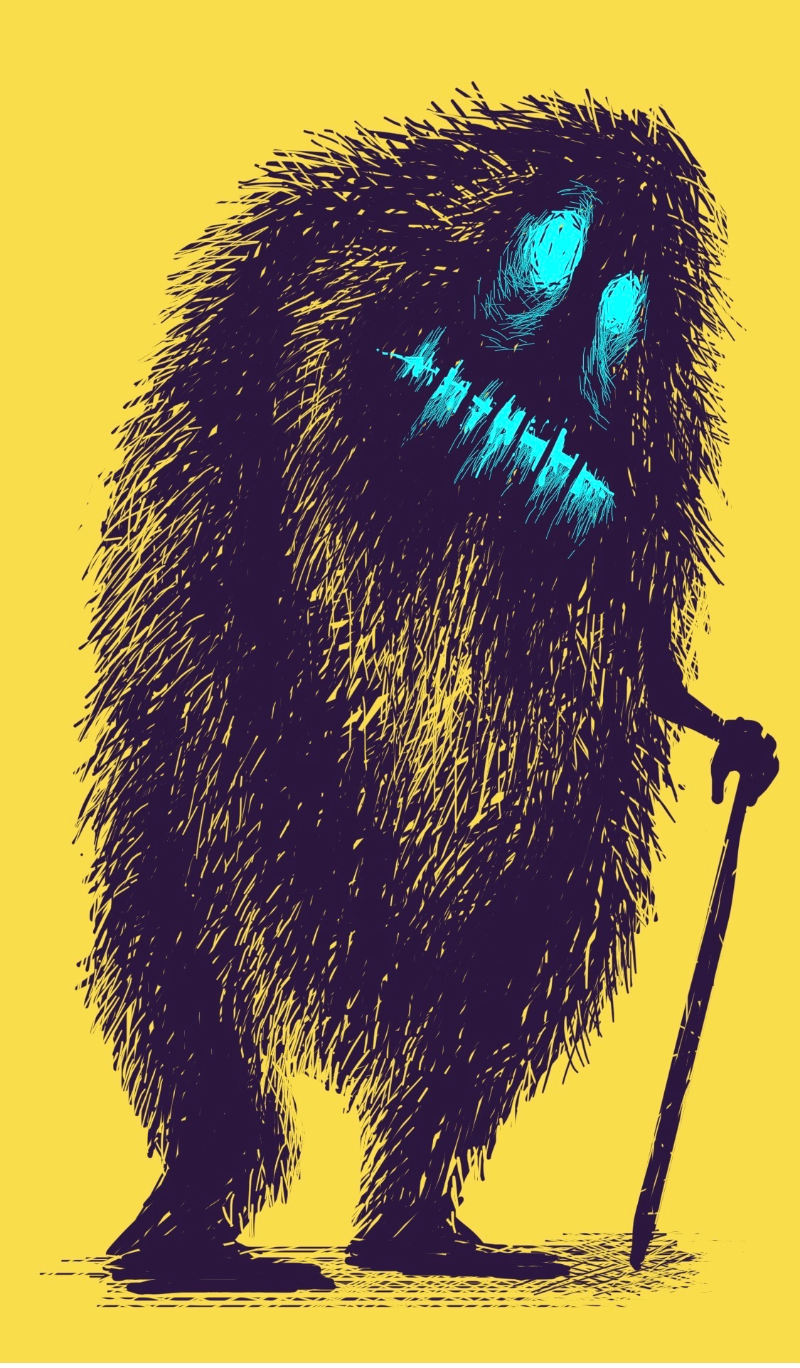A fat, furry monster with glowing blue eyes and a cane