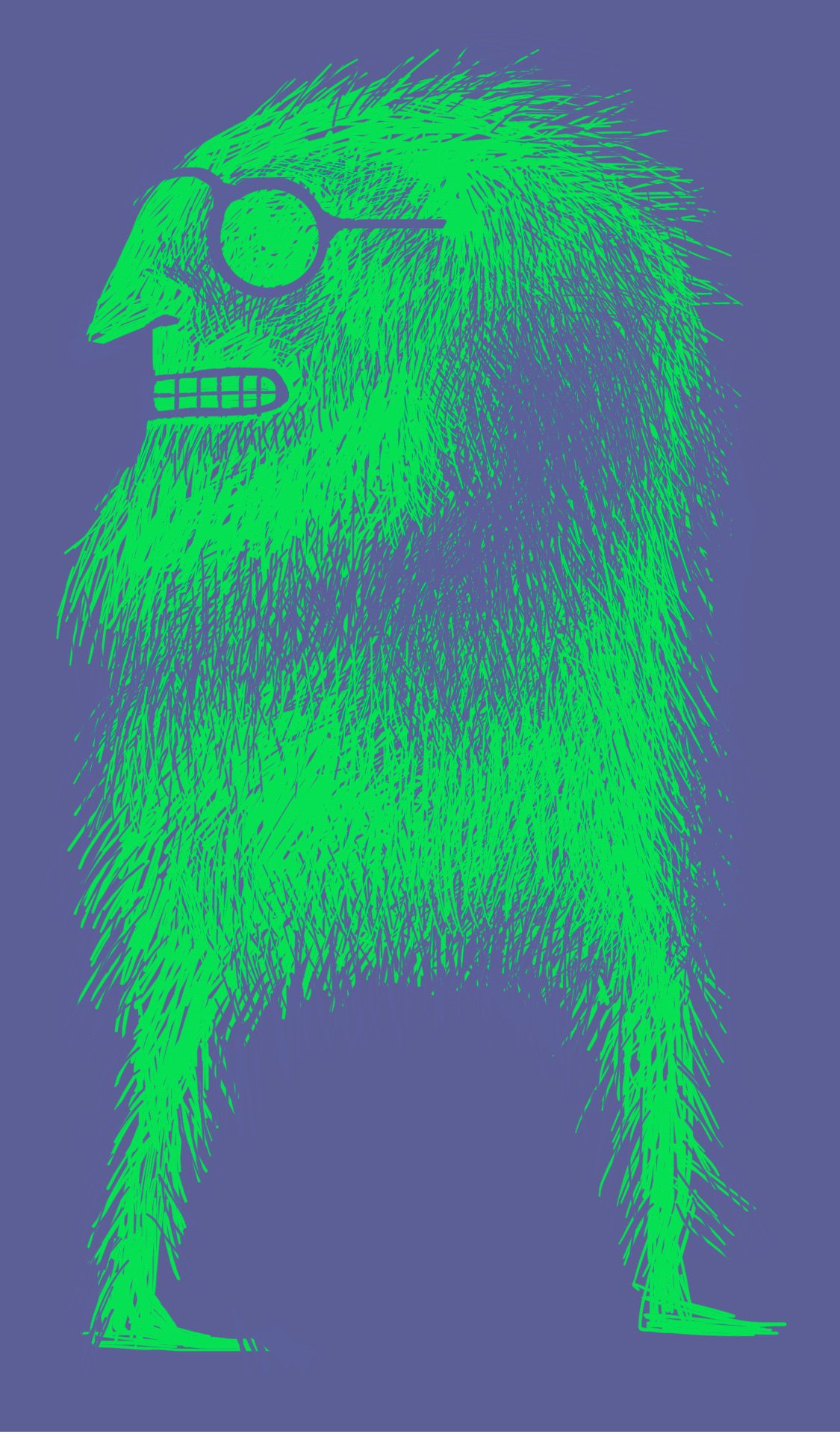 A green furry person with glasses and a beard