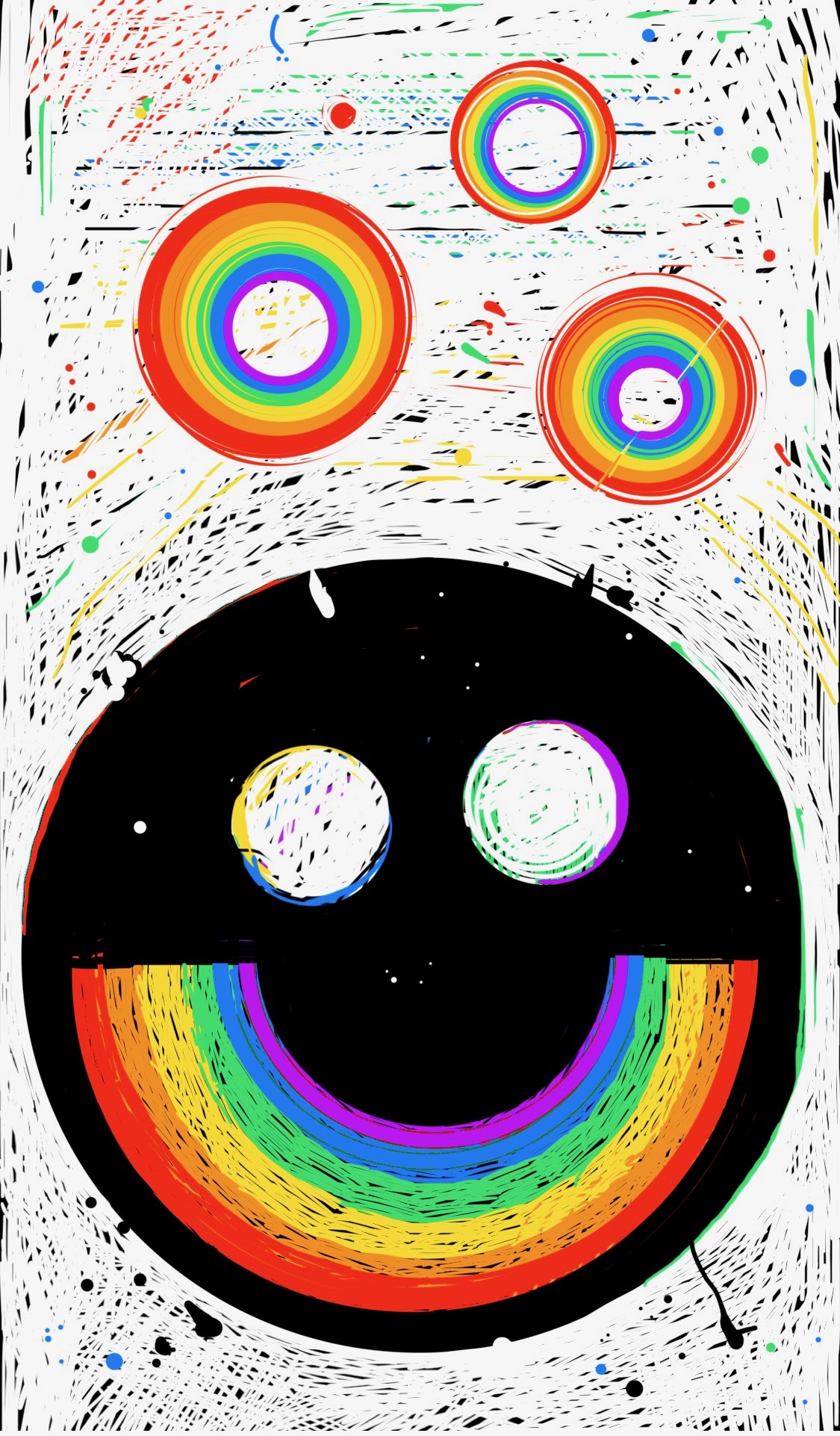 A smiley face where the mouth is a rainbow, accompanied by other rainbows