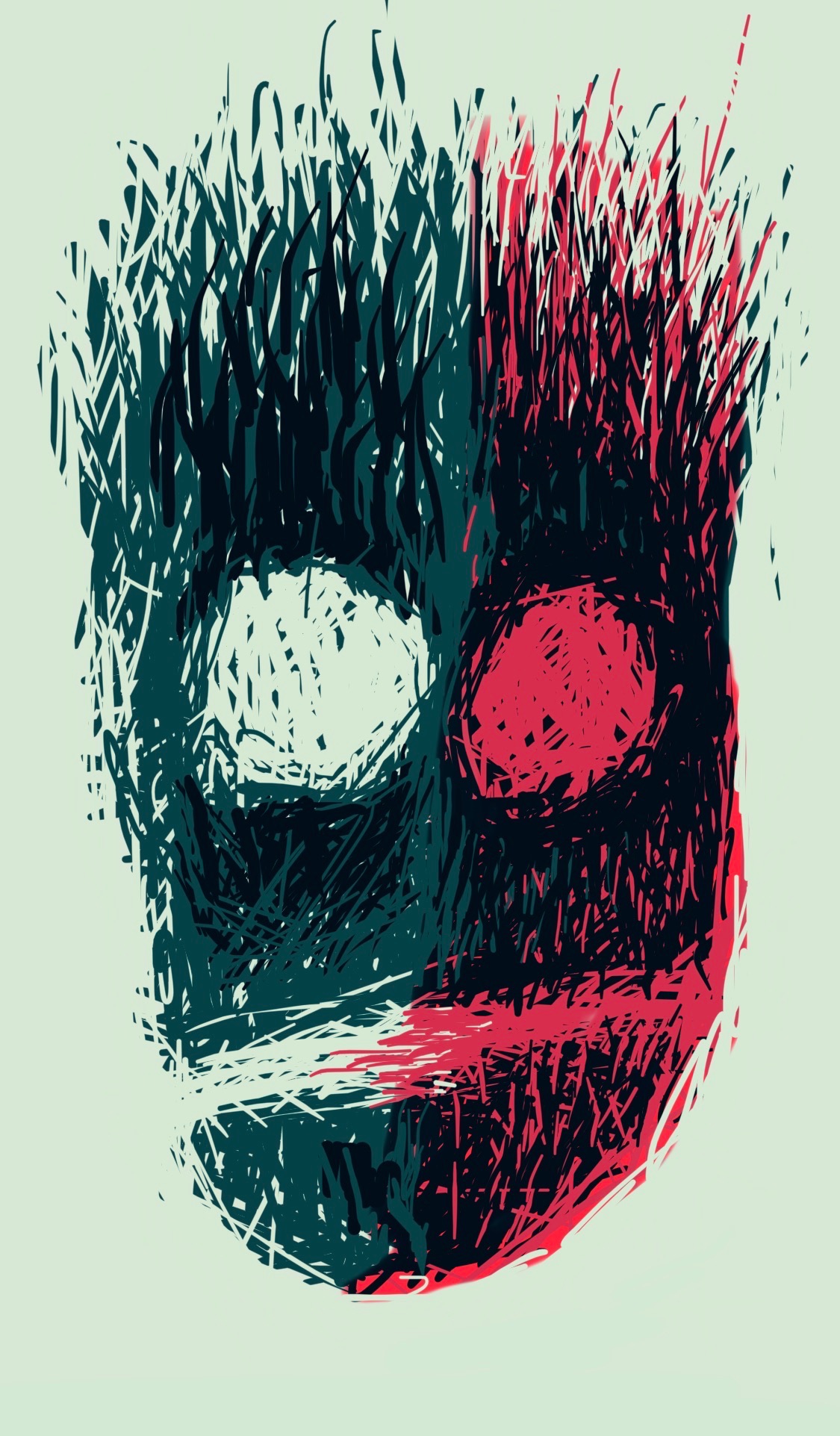 A rough rendering of a face with large, staring empty eyes