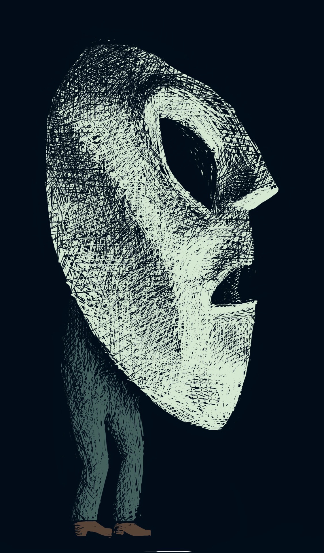 A person wearing a giant wooden mask, illuminated from below