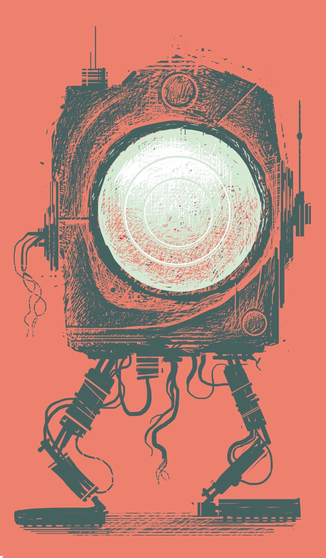 A small robot with a giant searchlight eye