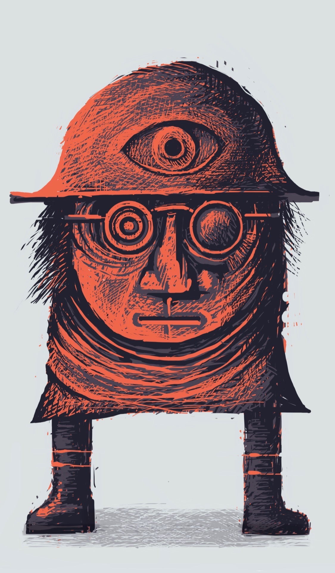 A person with glasses and a helmet on which is a single eye.