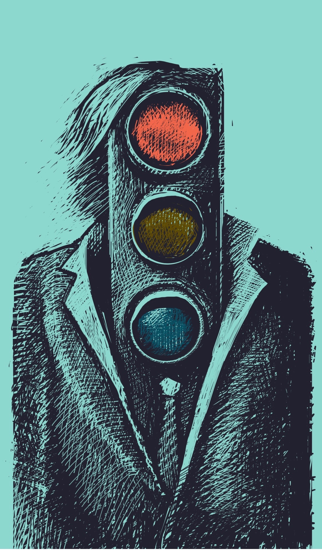 A long-haired person wearing a suit. The person's head is a traffic light set to red.