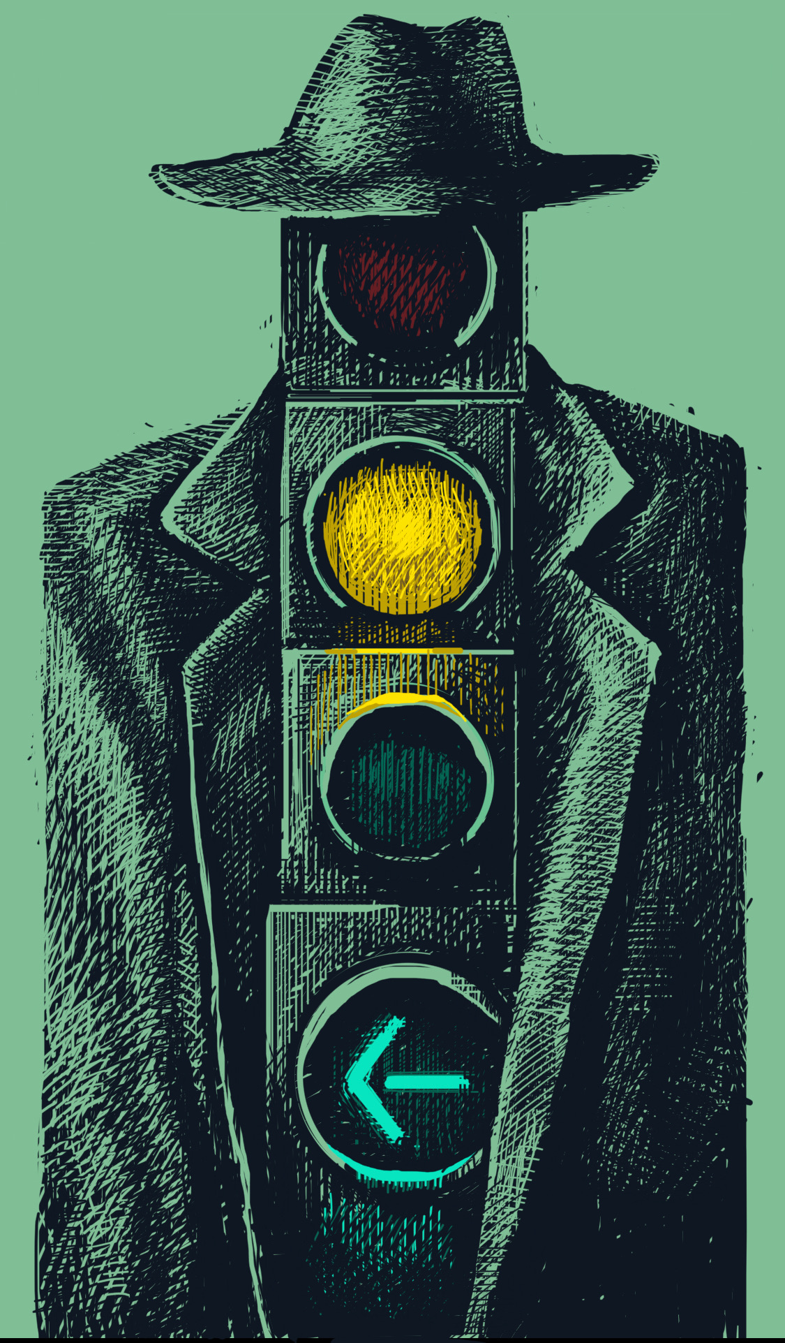 A person wearing a hat and a long trench coat. The person is a traffic signal with the green left arrow and orange lights lit.