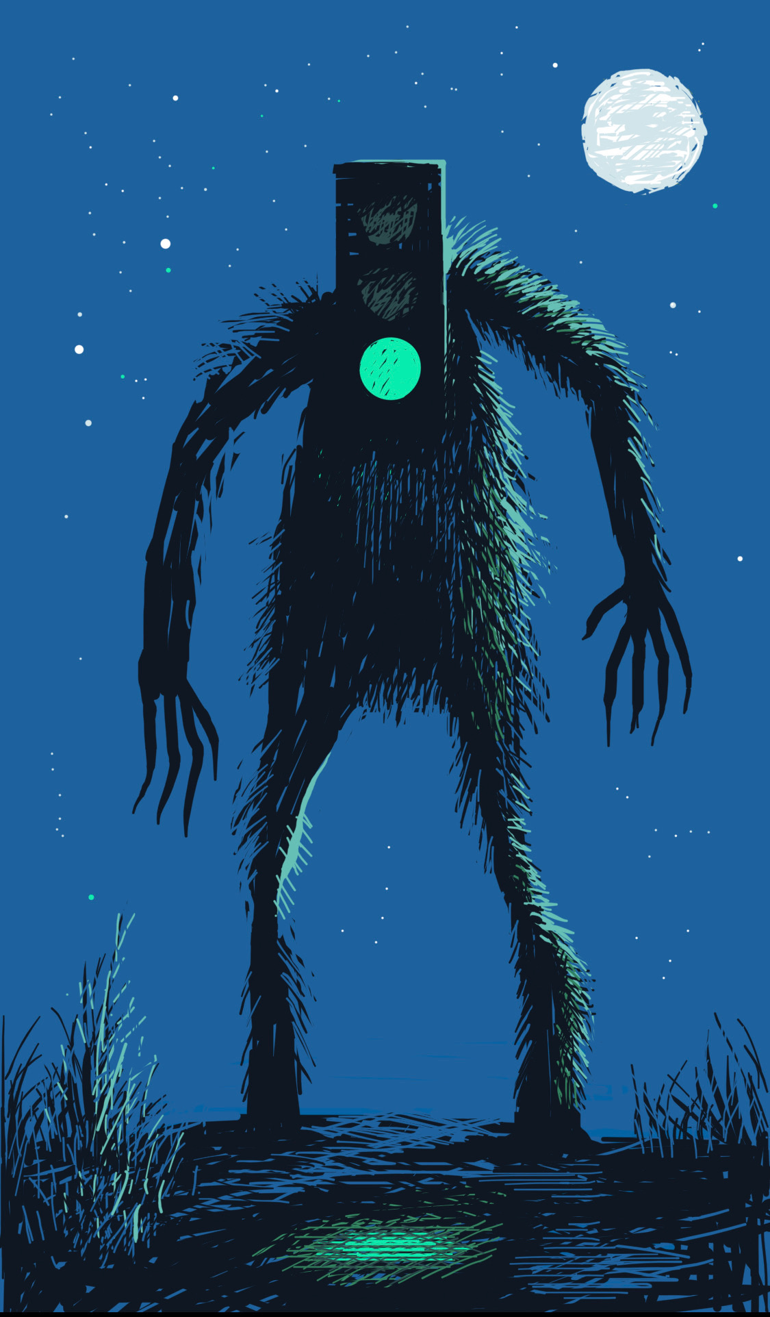 A furry monster stalks in the moonlight. The monster has long claws and a head that is a traffic light set to green.