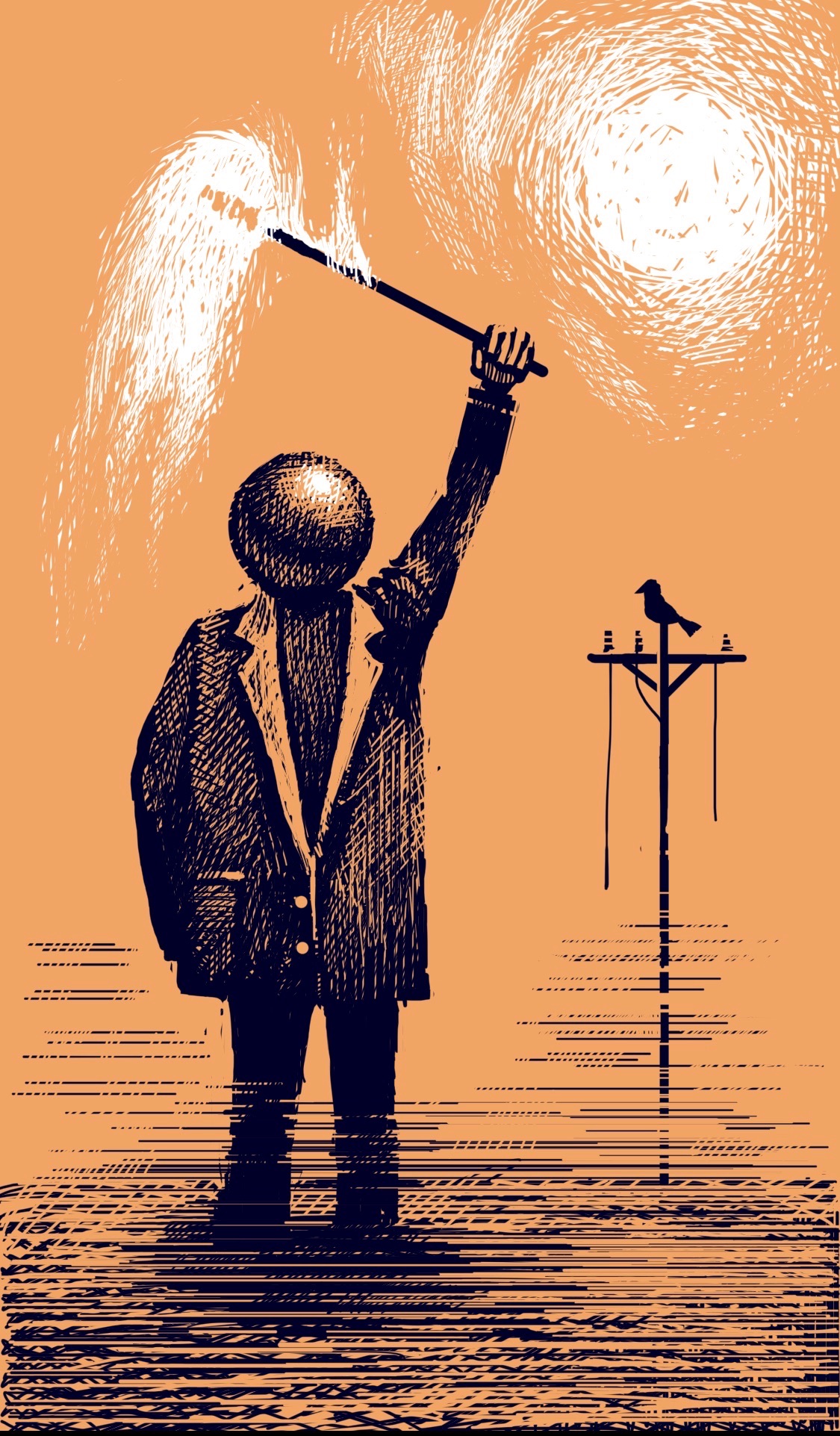 A person with a sphere for a head holds up a torch in a surreal desertlike envronment