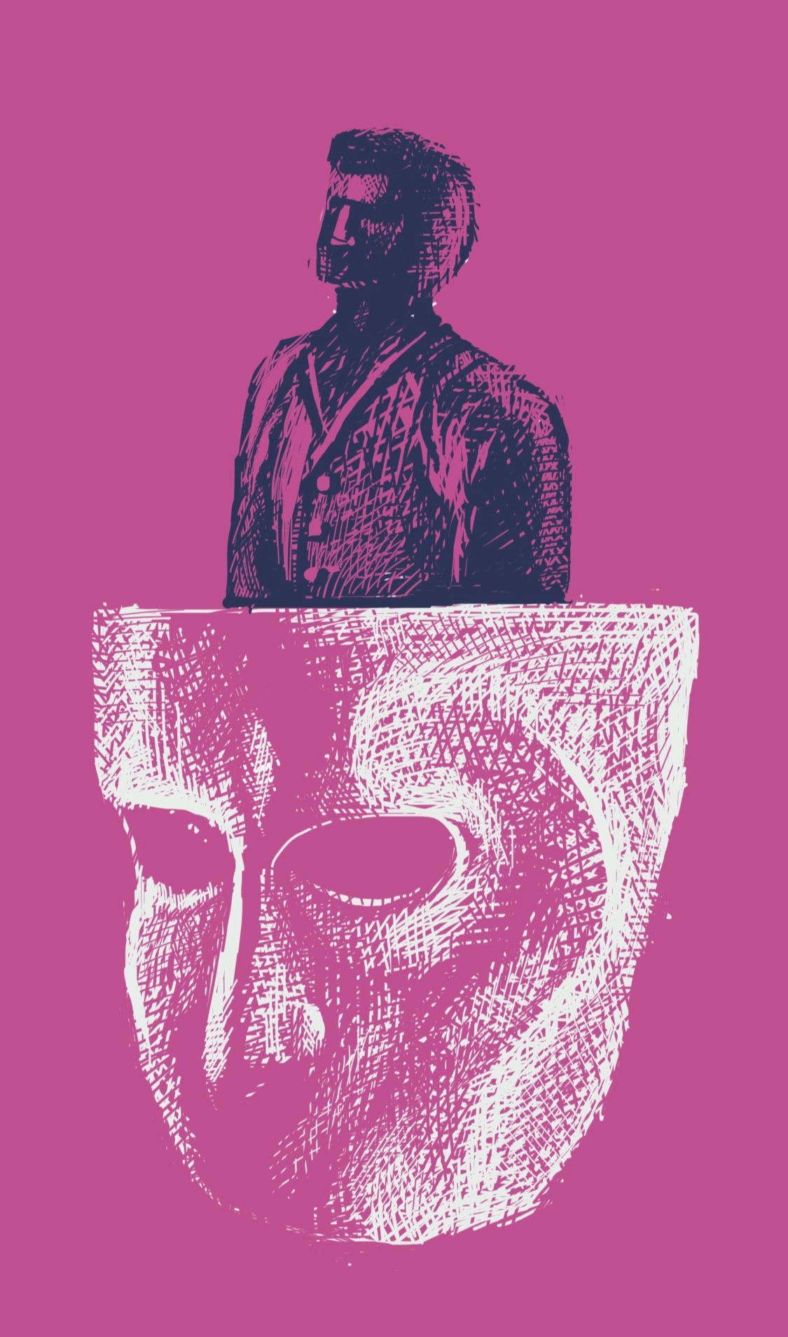A man stands inside a cuplike mask
