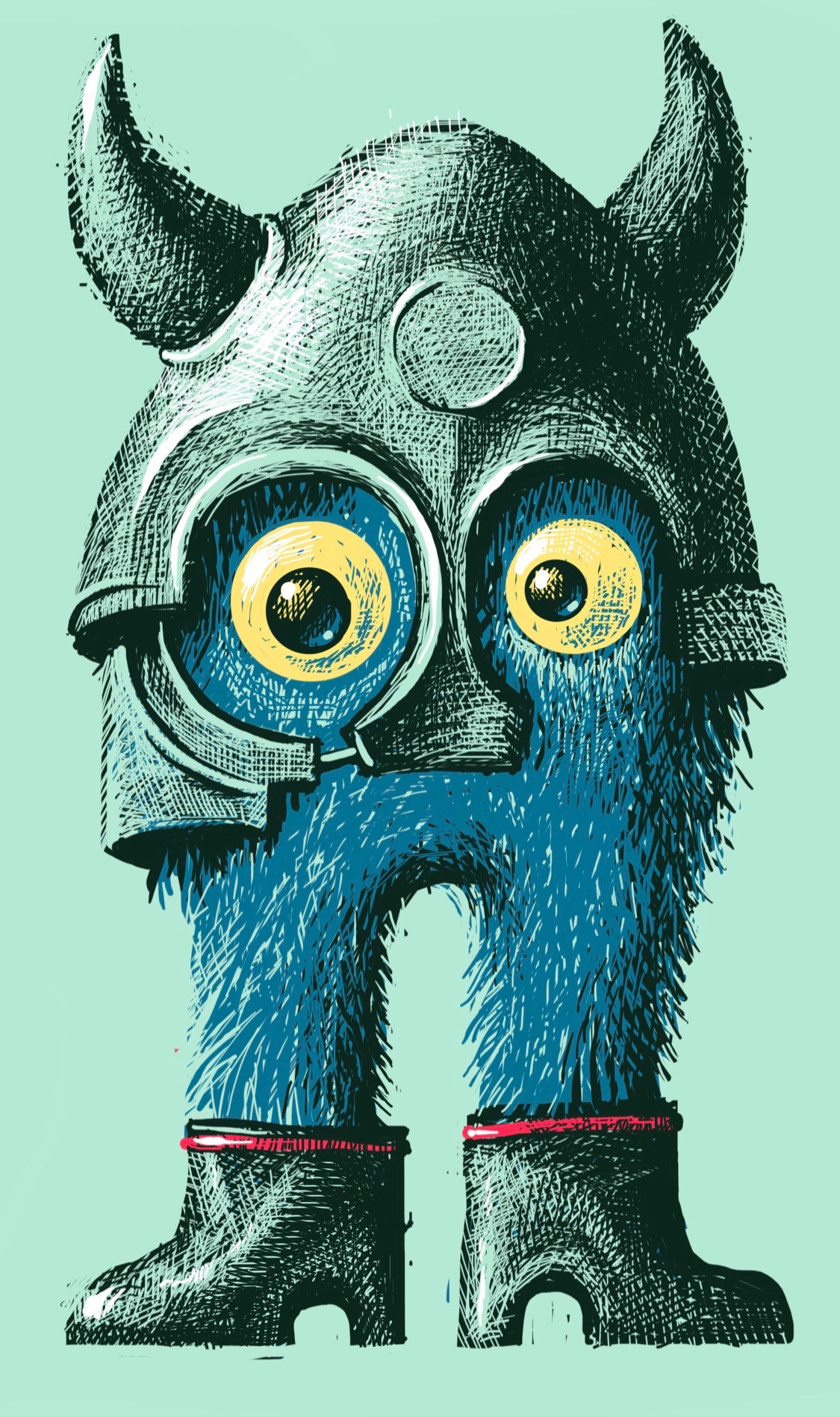 A blue furry creature wearing heavy leather boots and a Viking helmet
