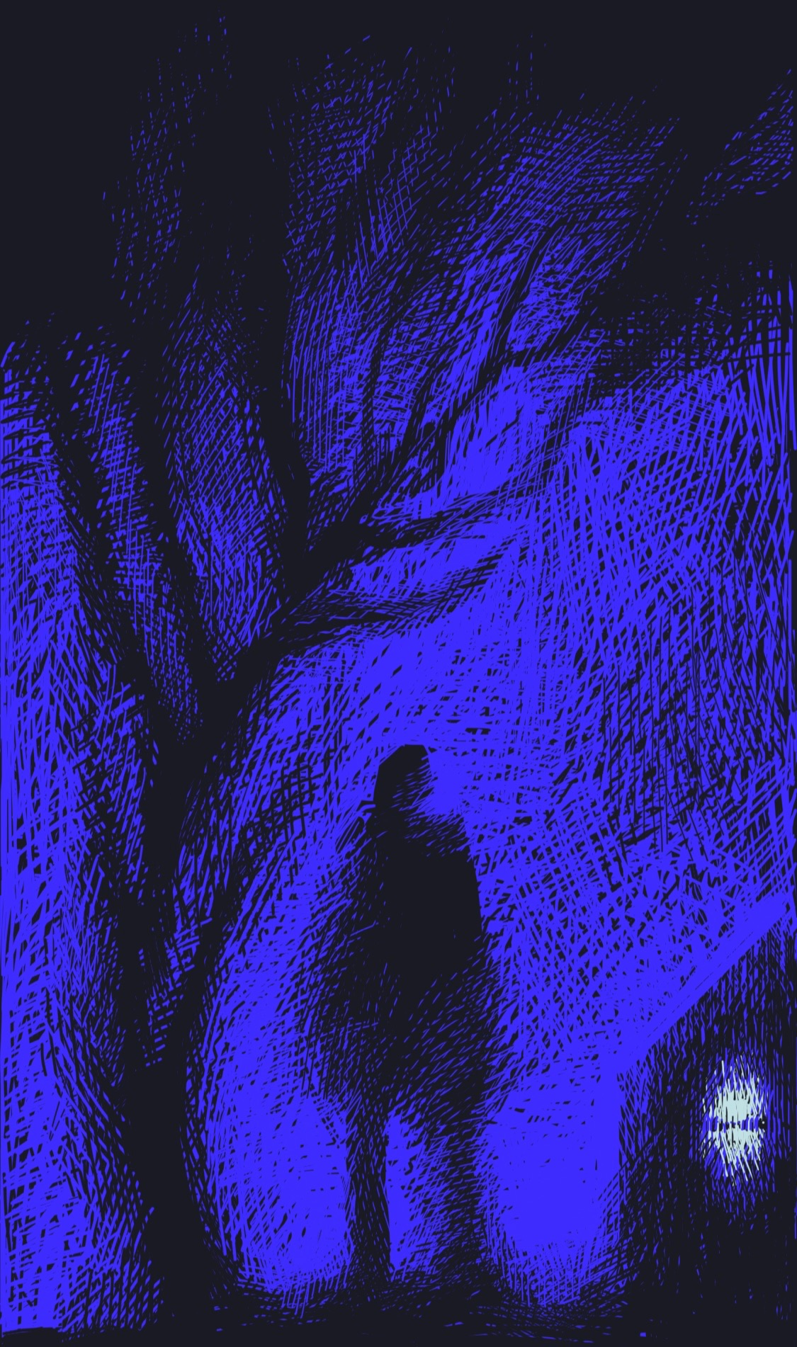 A person standing in the foggy woods at night, before a cabin with a light in one of the windows