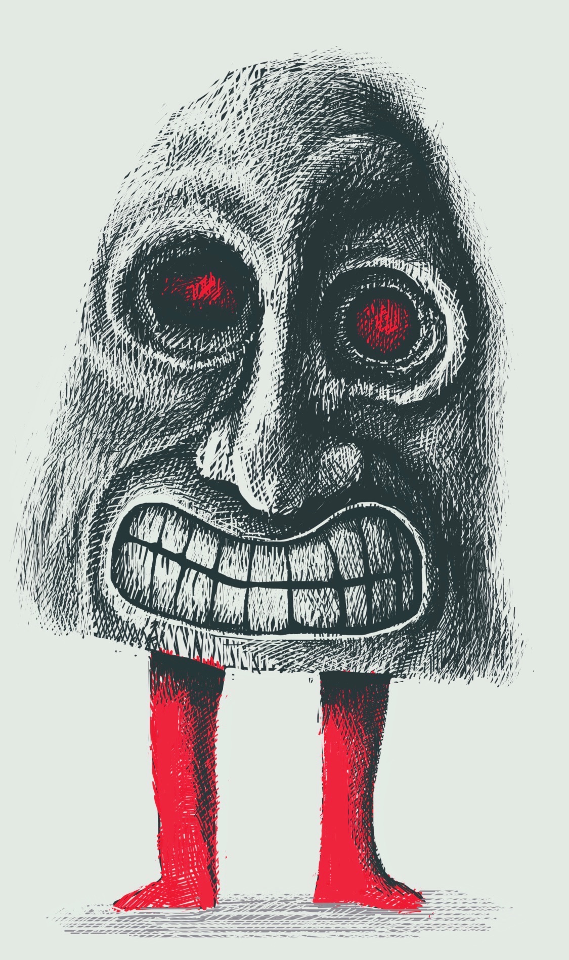 An unsettling mask with glowing eyes and prominent teeth, worn by a person with bright red legs