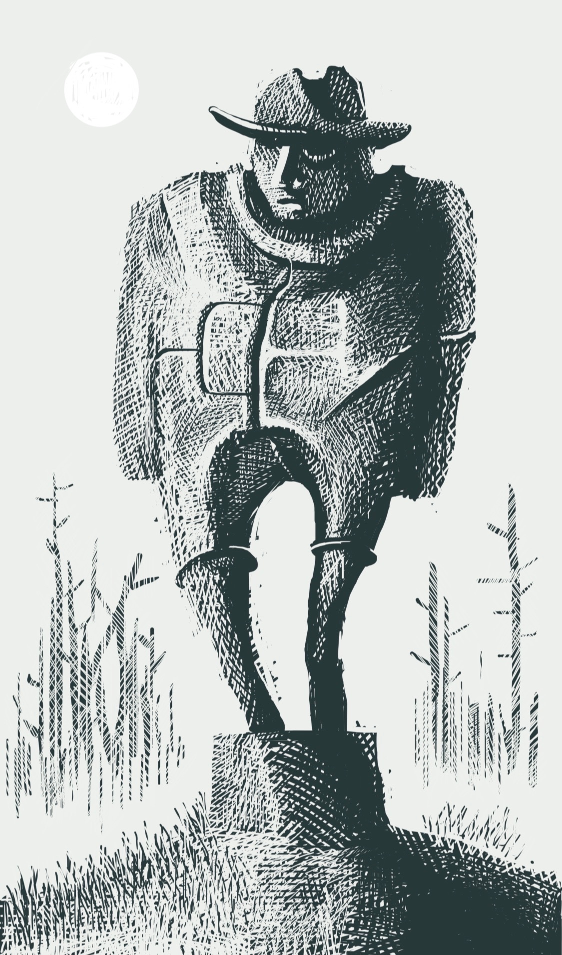 An imposing statue of a cowboy standing in the middle of a forest of dead trees