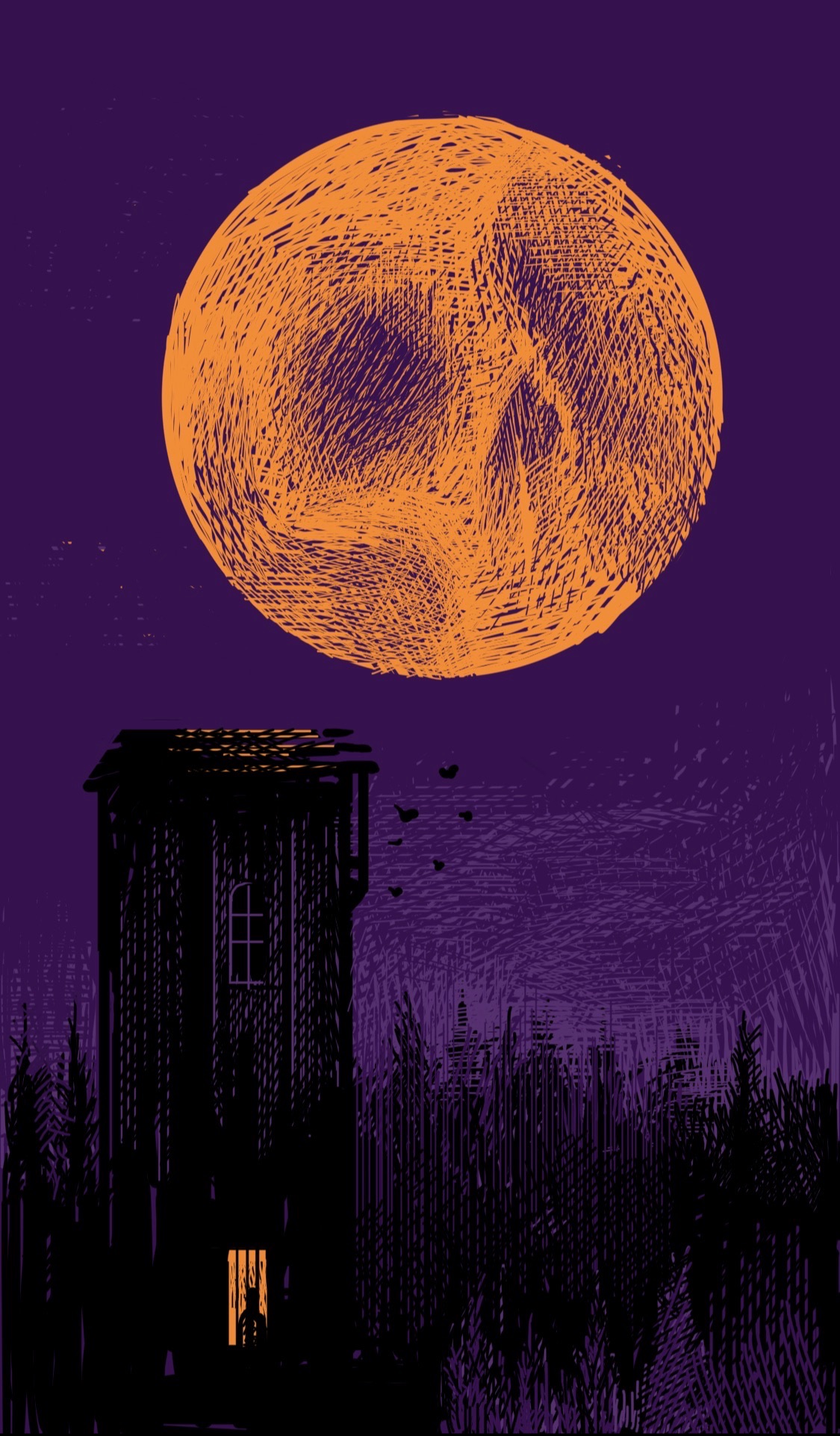 A creepy tower in the middle of the woods, illuminated by a giant orange moon with a skull face inside it, because it's Halloween and I go all-out for these sorts of things