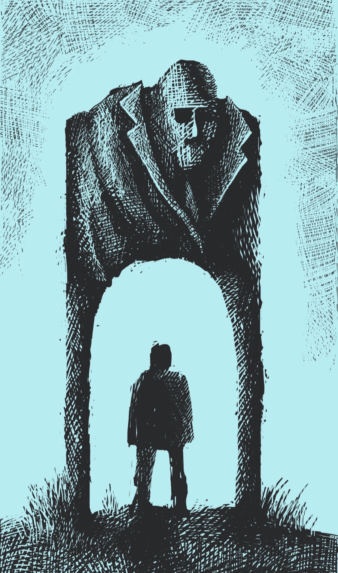 A large person with a suit coat stands, legs forming an archway under which a smaller person stands